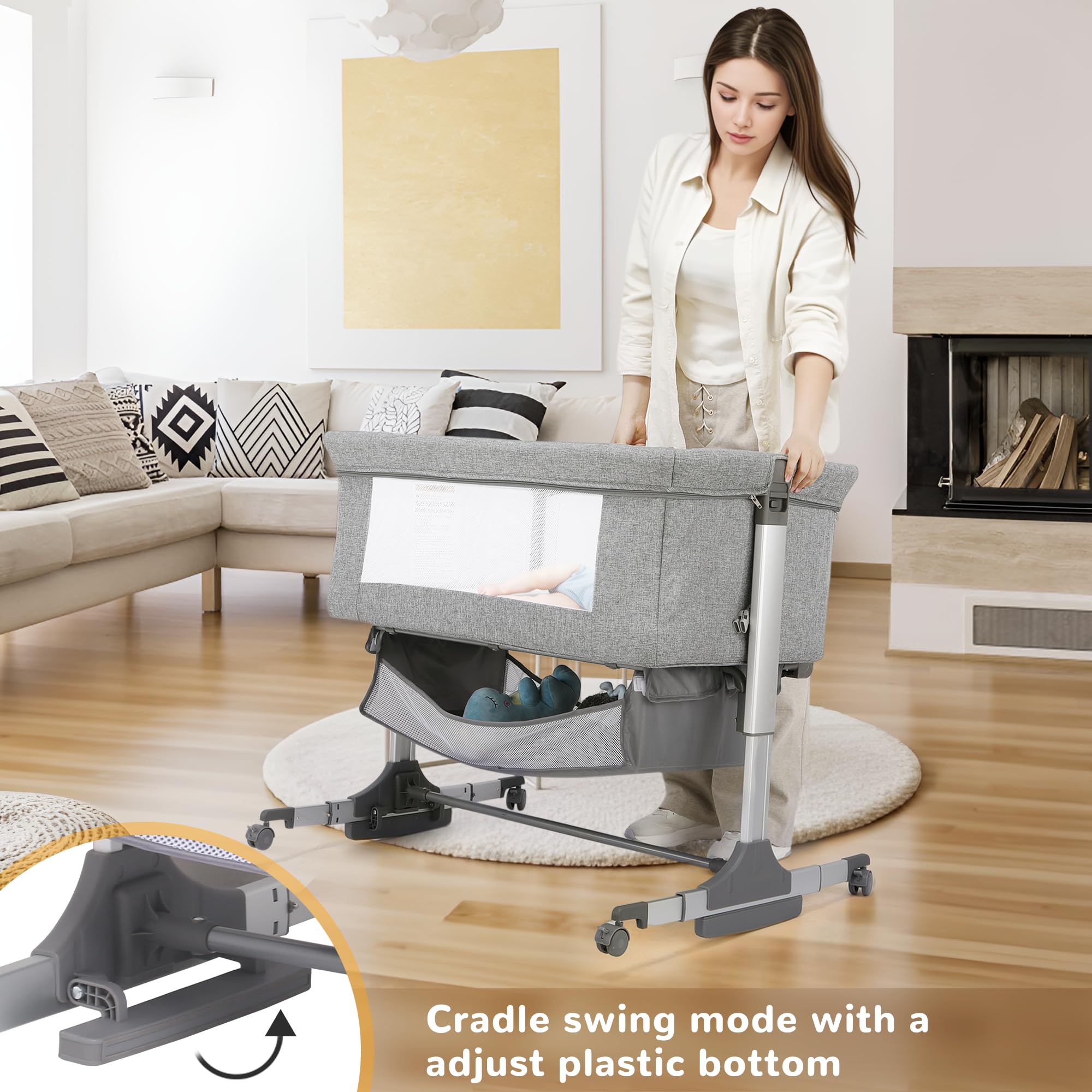 Kisdream Portable Baby Bassinet Bedside Co-Sleeper - Adjustable Height Safe Crib for Newborn & Infant - Perfect for Nursery, Bedroom & Travel Use with Tall Parent Beds