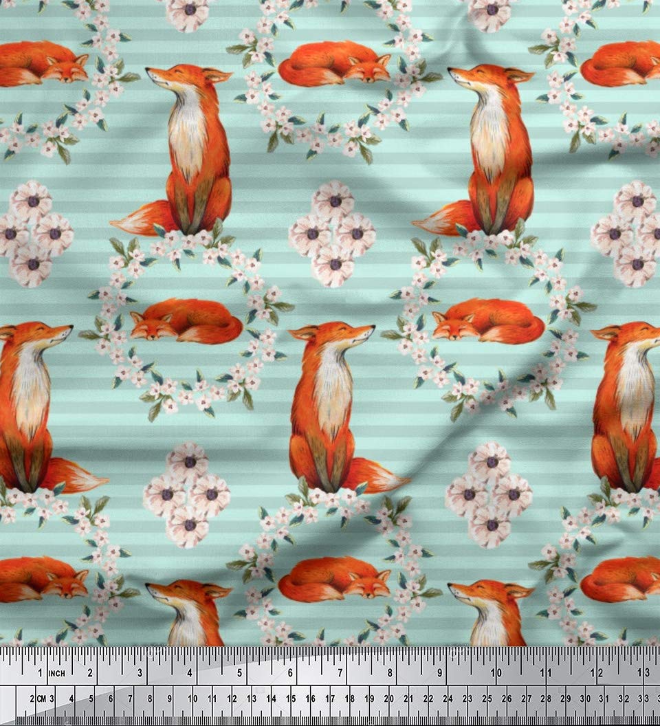 Soimoi Poly Georgette Green Fabric by The Yard - 42 Inch Wide Floral Wreath & Fox Stripe Printed Fabric - Whimsical Fox Accents - Perfect for DIY Dresses, Curtains, and Home Decor Projects