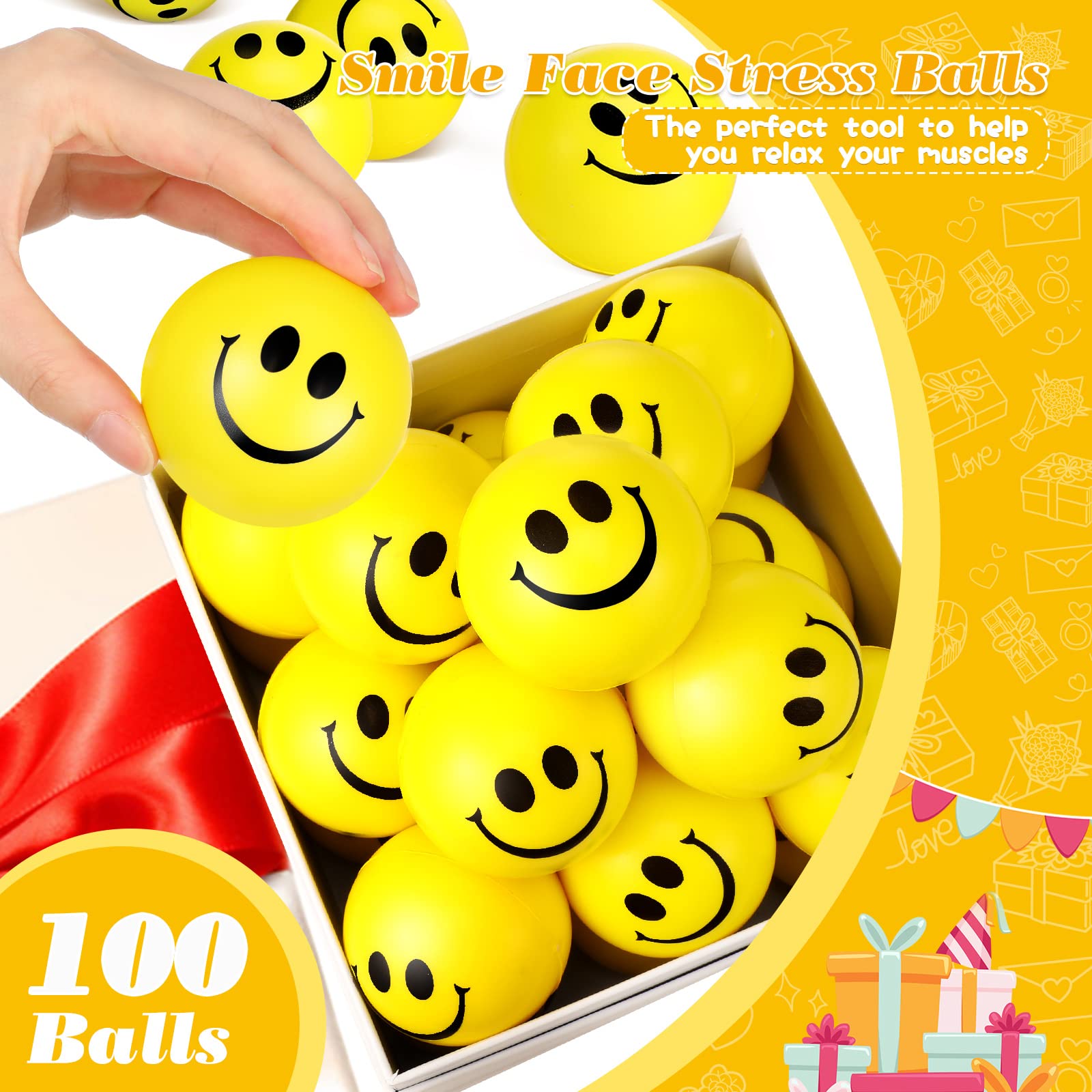 Vinsot 100-Pack 2.5 Inch Yellow Smiley Face Stress Balls - Bulk Mini Foam Stress Relief Toys for Adults & Teens - Funny Party Favors for Christmas, Carnivals, Office Gifts & Classroom Rewards