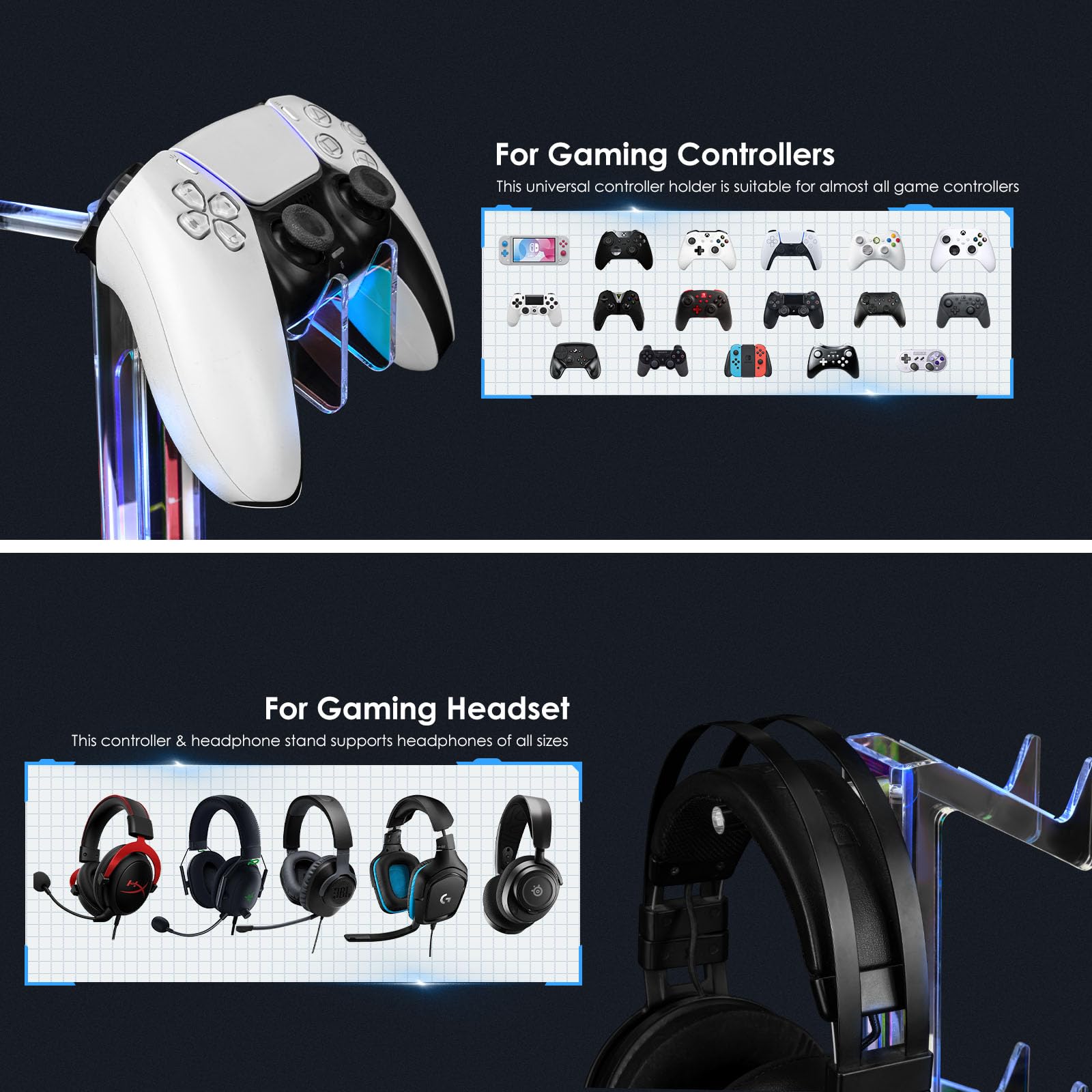 OAPRIRE 3-Tier Acrylic Gaming Controller Stand with LED Lights - Universal Headset Holder for PS5, PS4, Nintendo Switch & PC Accessories (Black) | Perfect for Gaming Setup & Desk Organization