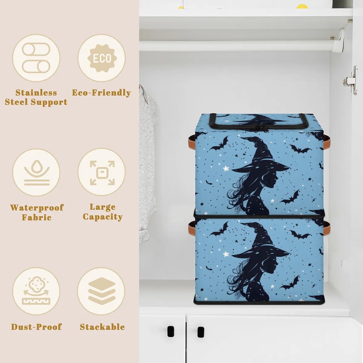 Halloween Witch Storage Boxes with Sturdy Handles - 2 Pack Zippered Storage Bins for Clothes, Toys & Home Organization - Perfect for Halloween Decor, Kids' Room & Seasonal Storage