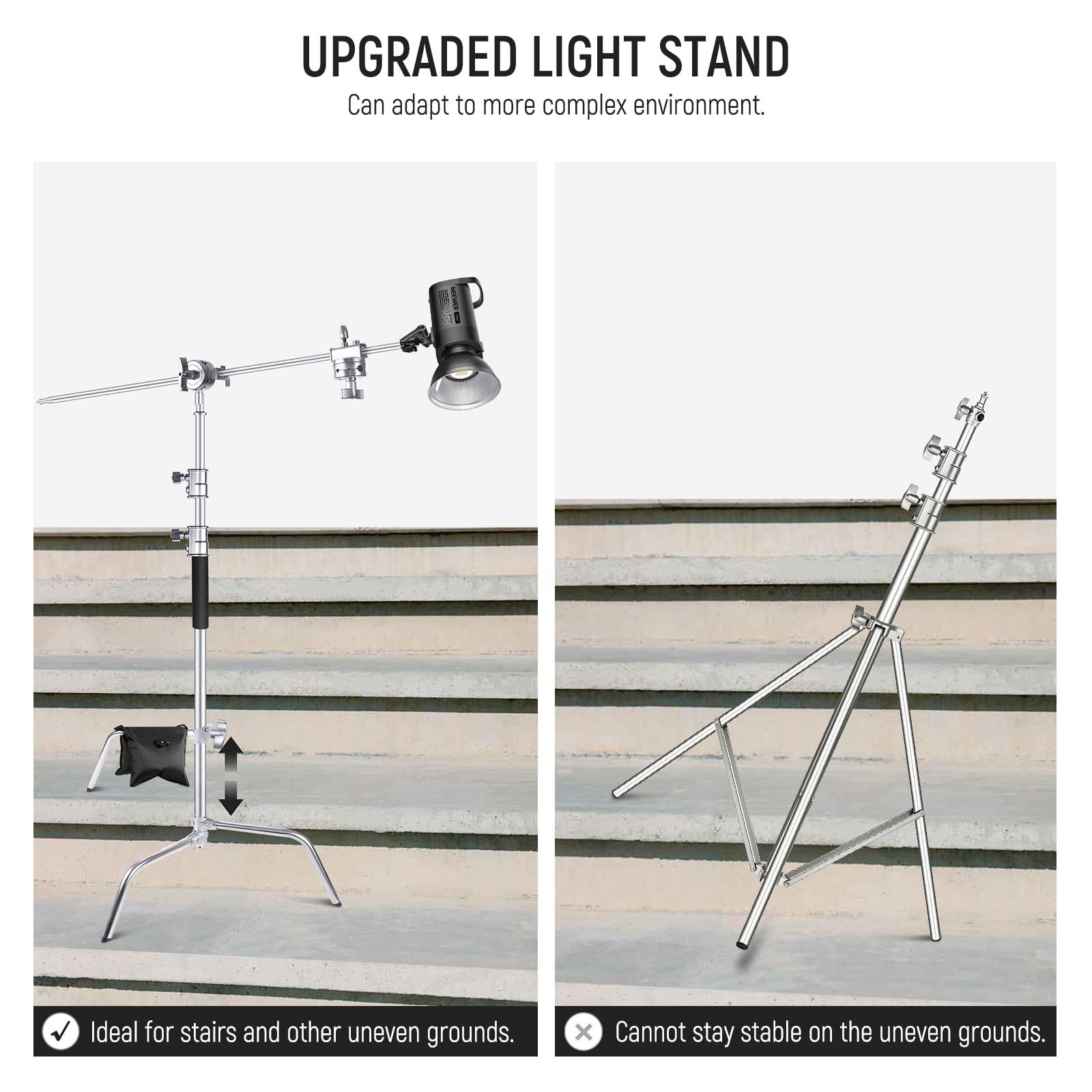 NEEWER Professional 10.13ft Stainless Steel C Stand with Boom Arm & Sliding Legs - Heavy Duty Photography Light Stand for Umbrellas, Reflectors, Softboxes, Monolights - Perfect for Studio, Portrait, and Video Shooting