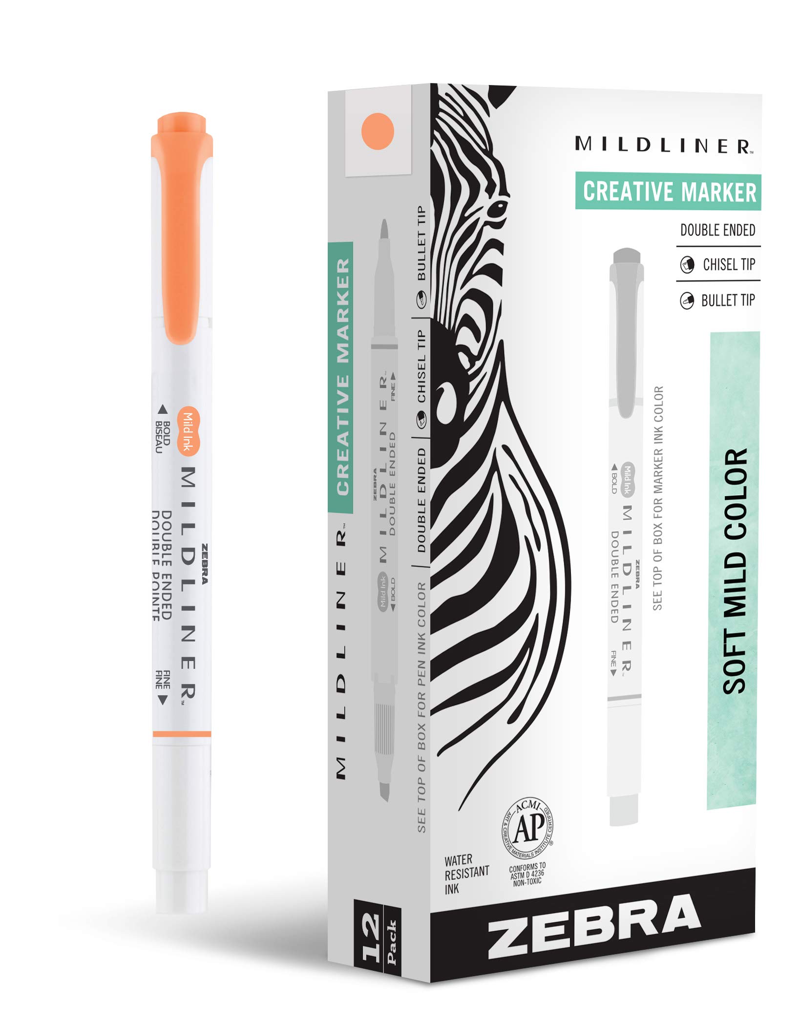 Zebra Pen Mildliner Double-Ended Highlighter Markers - Broad & Fine Tip Bible Study Supplies, No Bleed Pastel Apricot Ink, 12-Pack (78590upc) - Perfect for Note Taking, Journaling, Bible Study & Office Organization