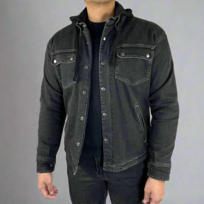 Men's Armored Denim Shirt with Removable Hoodie - Stylish Protective Jacket for Motorcycle Riding & Outdoor Adventures