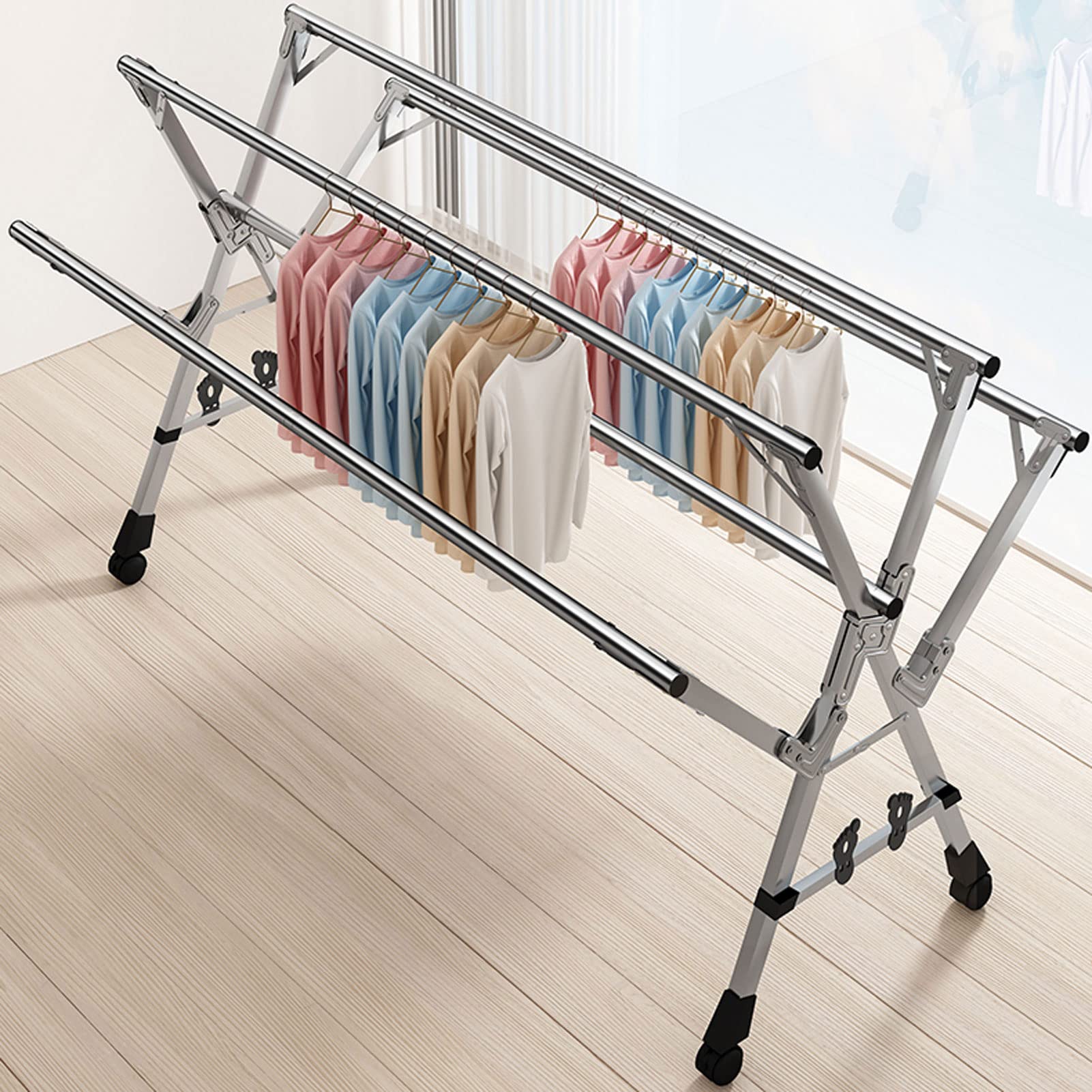 5-Tier Portable Clothes Drying Rack with 20 Windproof Hooks - Foldable Laundry Rack for Blankets, Towels & Clothing - Indoor Outdoor Space Saving Solution for Apartments, Balcony & Travel
