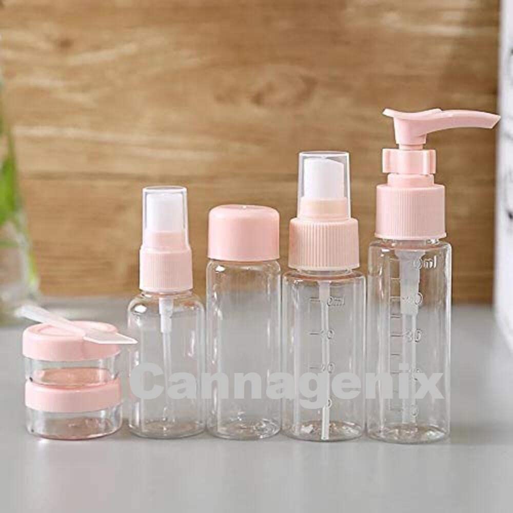 Cannagenix 7-Piece Multi-Purpose Clear Plastic Travel Bottles Set - Refillable Cosmetic & Toiletries Containers for Liquids, Press Spray, Jars (Multi-Color) - Perfect for Air Travel, Gym, Camping & Home Organization