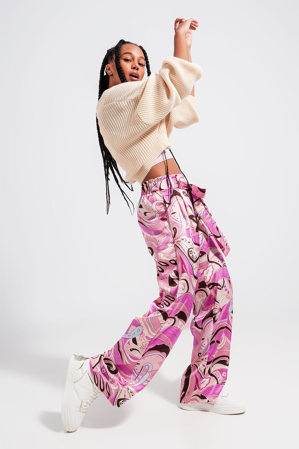 Women's Wide Leg Pants with Pink Belt - Comfortable High Waist Trousers for Casual Wear & Office Outfits