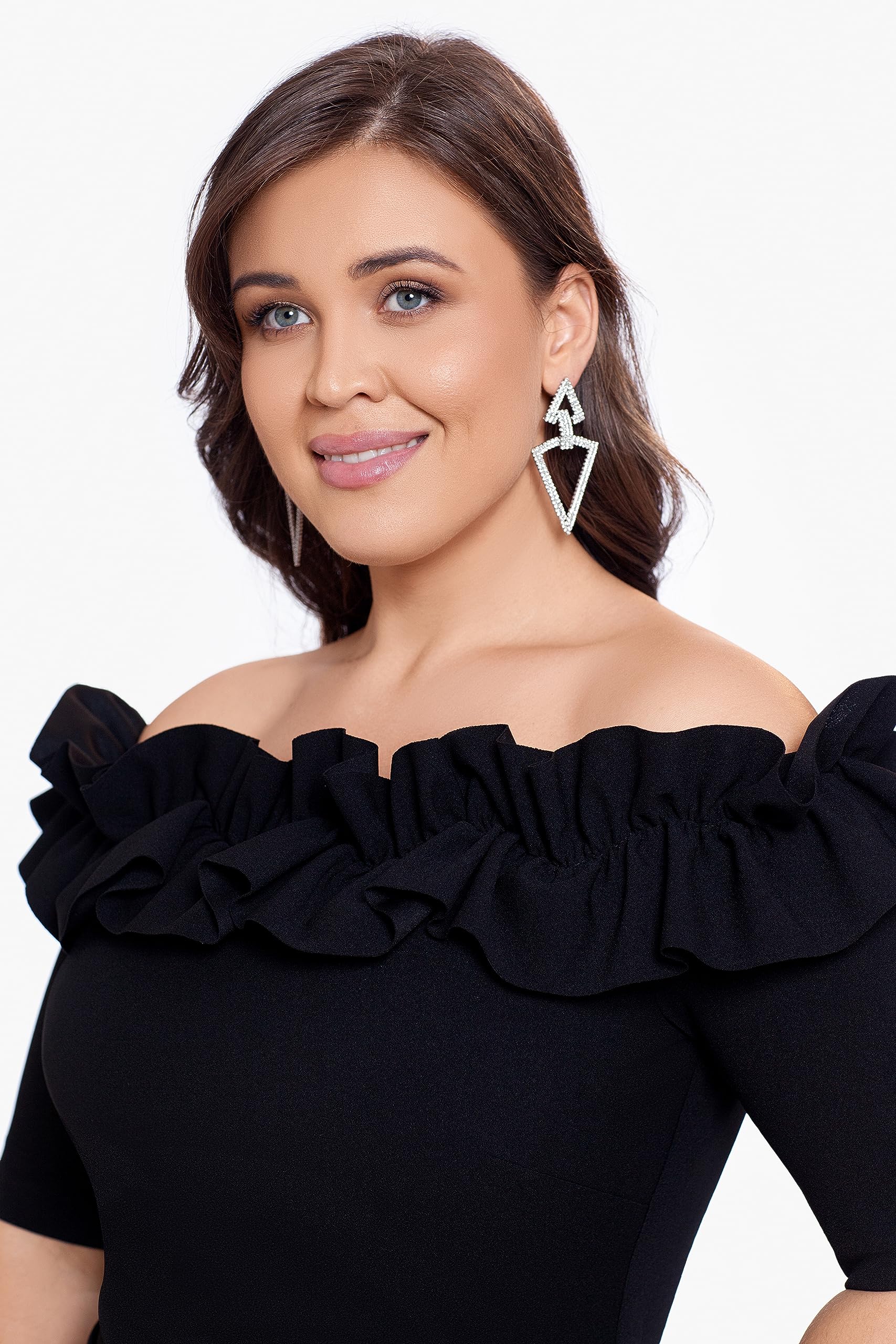 Xscape Women's Plus Size Long Off The Shoulder Ruffle Scuba Crepe Dress - Elegant Formal Gown for Weddings, Parties & Special Occasions