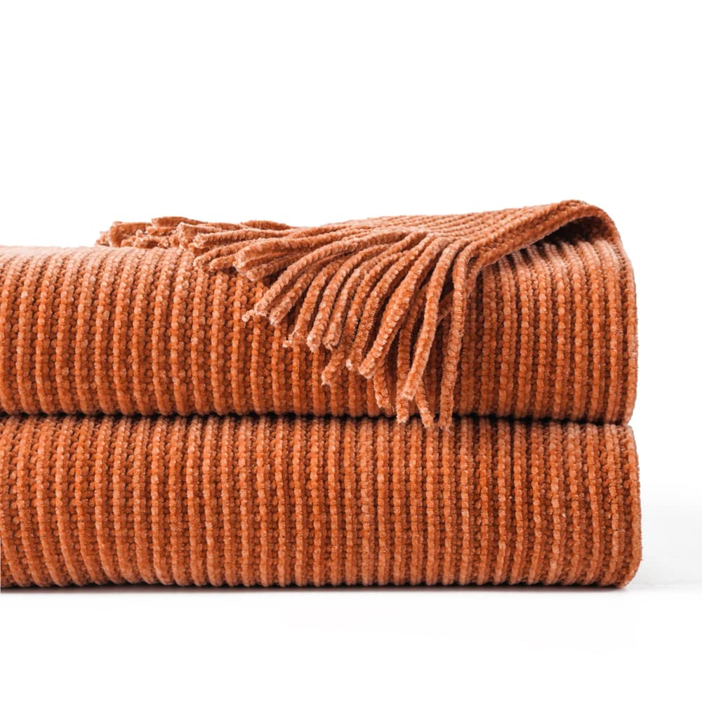 BATTILO HOME Rust Orange Chenille Knit Throw Blanket with Tassels - 50