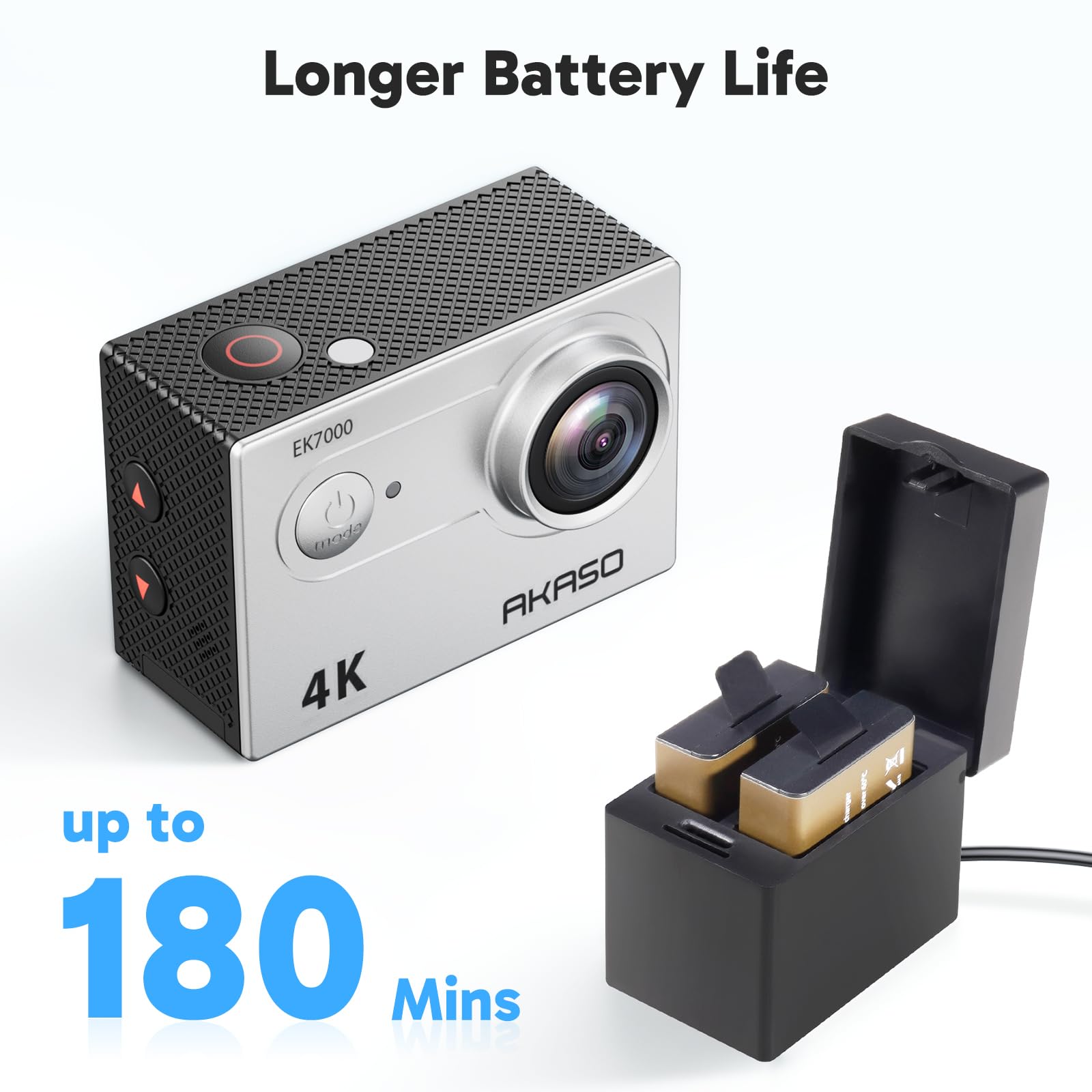 AKASO EK7000 4K30FPS 20MP Waterproof Action Camera with 170° Wide Angle Lens - Underwater Sports & Adventure Photography - Supports External Mic for Vlogging (Silver)