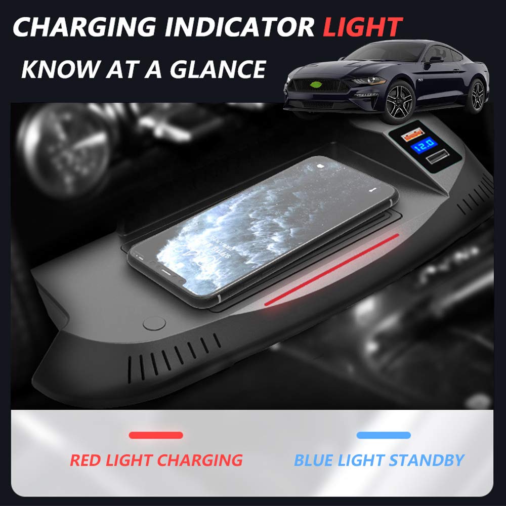 Fast Wireless Car Charger for Ford Mustang 2015-2020 - 15W Qi Charging Pad with QC3.0 USB Port - Perfect for iPhone & Galaxy Phones on Road Trips