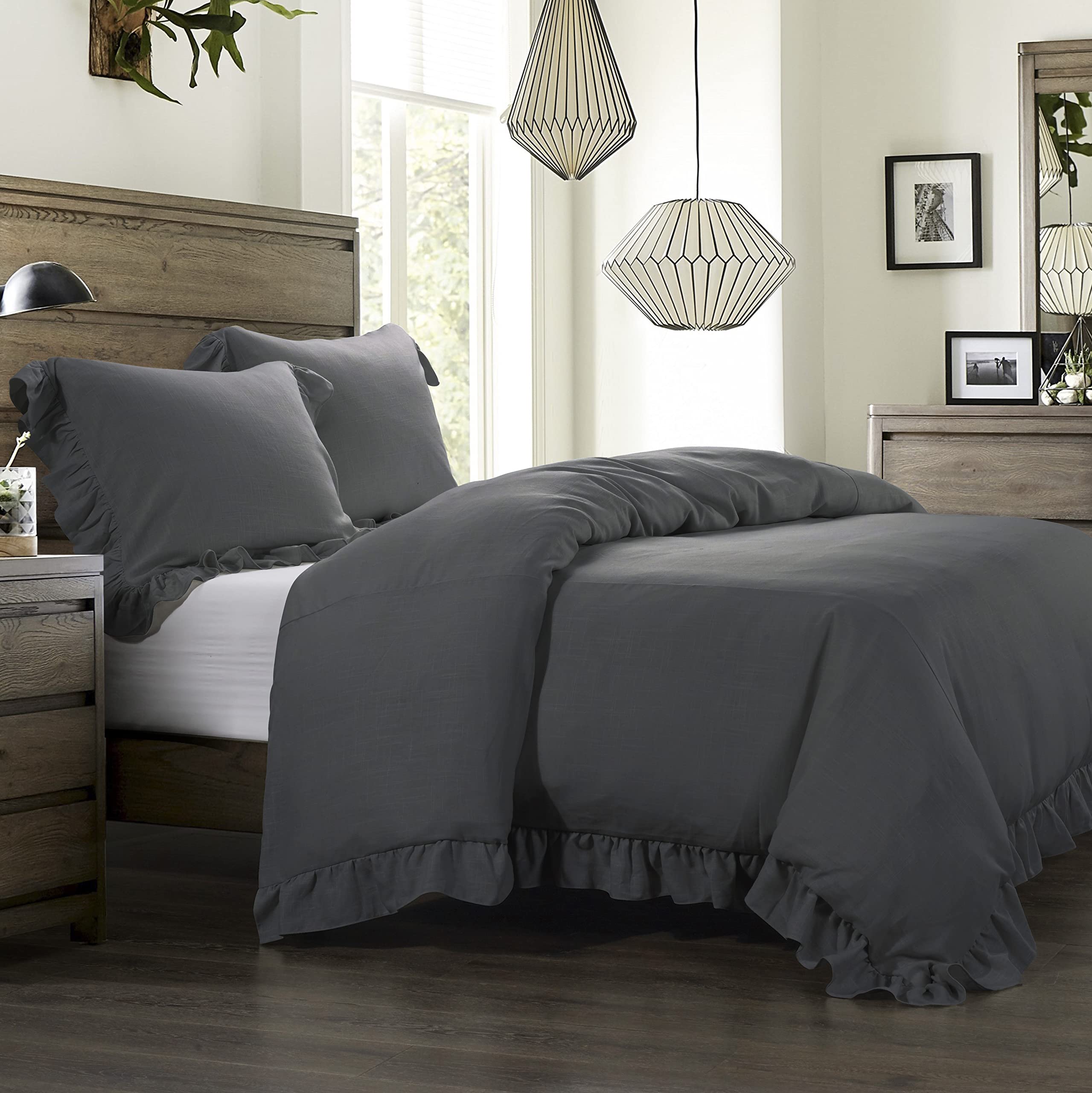 Premium Lily Washed Linen Ruffled Duvet Cover Set - Slate Solid Color Super King Size Bedding | Shabby Chic Farmhouse Style Luxury Duvet Cover for Master Bedroom, Guest Room & Vacation Home Decor