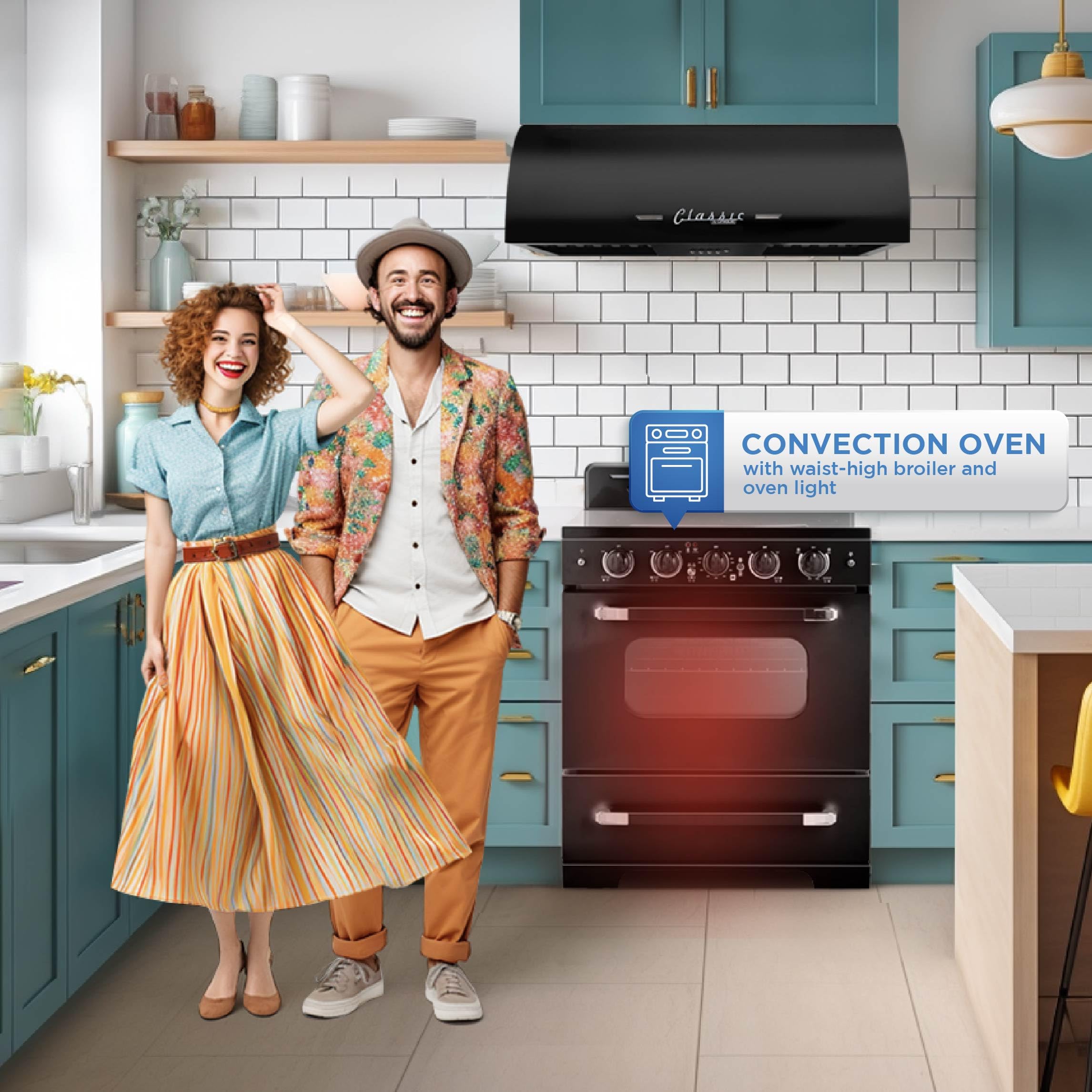 Unique Appliances UGP-30CR EC B 30-Inch Freestanding Electric Convection Oven with Retro Design - 5-Element Glass Cooktop, Radiant Heating, Midnight Black - Perfect for Kitchens, Restaurants & Small Spaces