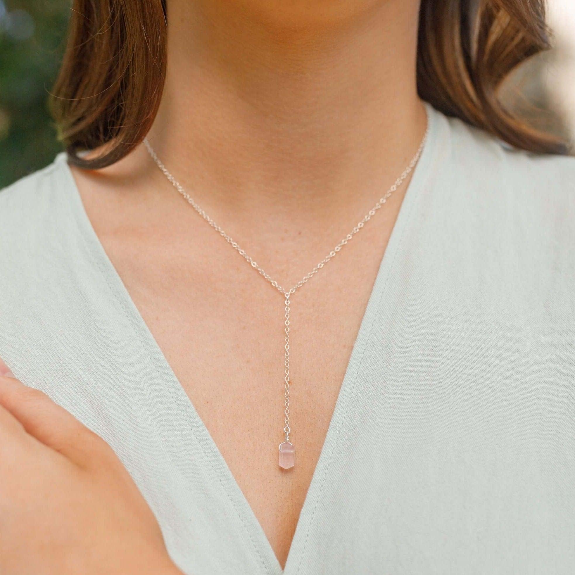 Rose Quartz Double Terminated Mini Crystal Point Lariat Necklace - Healing Stone Jewelry for Women, Dainty Boho Pendant Necklace - Perfect for Meditation, Energy Work & Everyday Wear