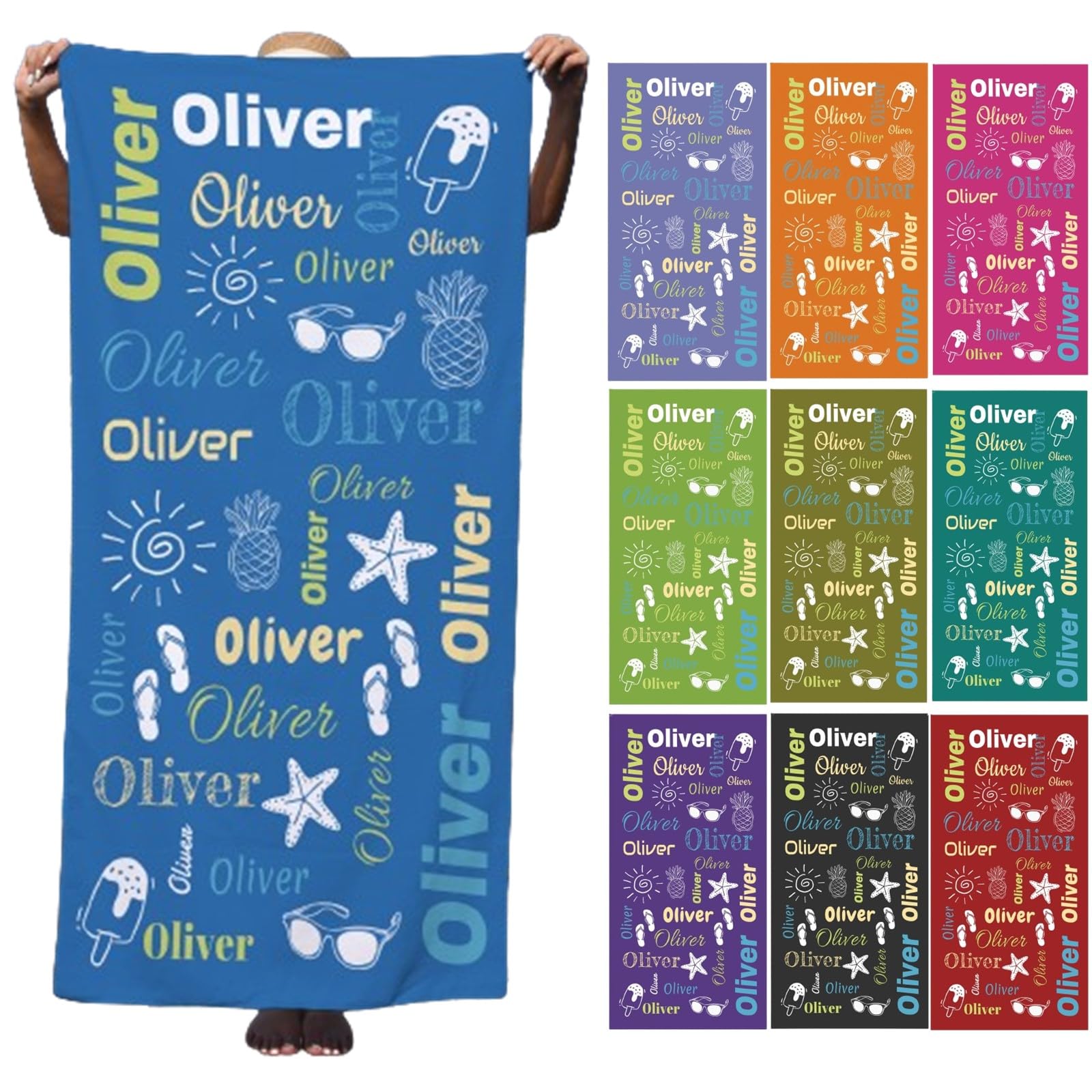 Personalized Monogrammed Beach Towels for Kids & Adults - Quick Dry Ultra Absorbent Custom Swim Towels with Names for Toddler Girls & Boys - Oversized Pool Towel for Beach, Swimming & Vacation Use