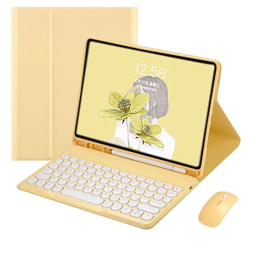 Detachable Keyboard Case for iPad 9th/8th/7th Generation with Mouse & Pencil Holder - Cute Round Keys, Yellow | Perfect for Work, Study & Travel