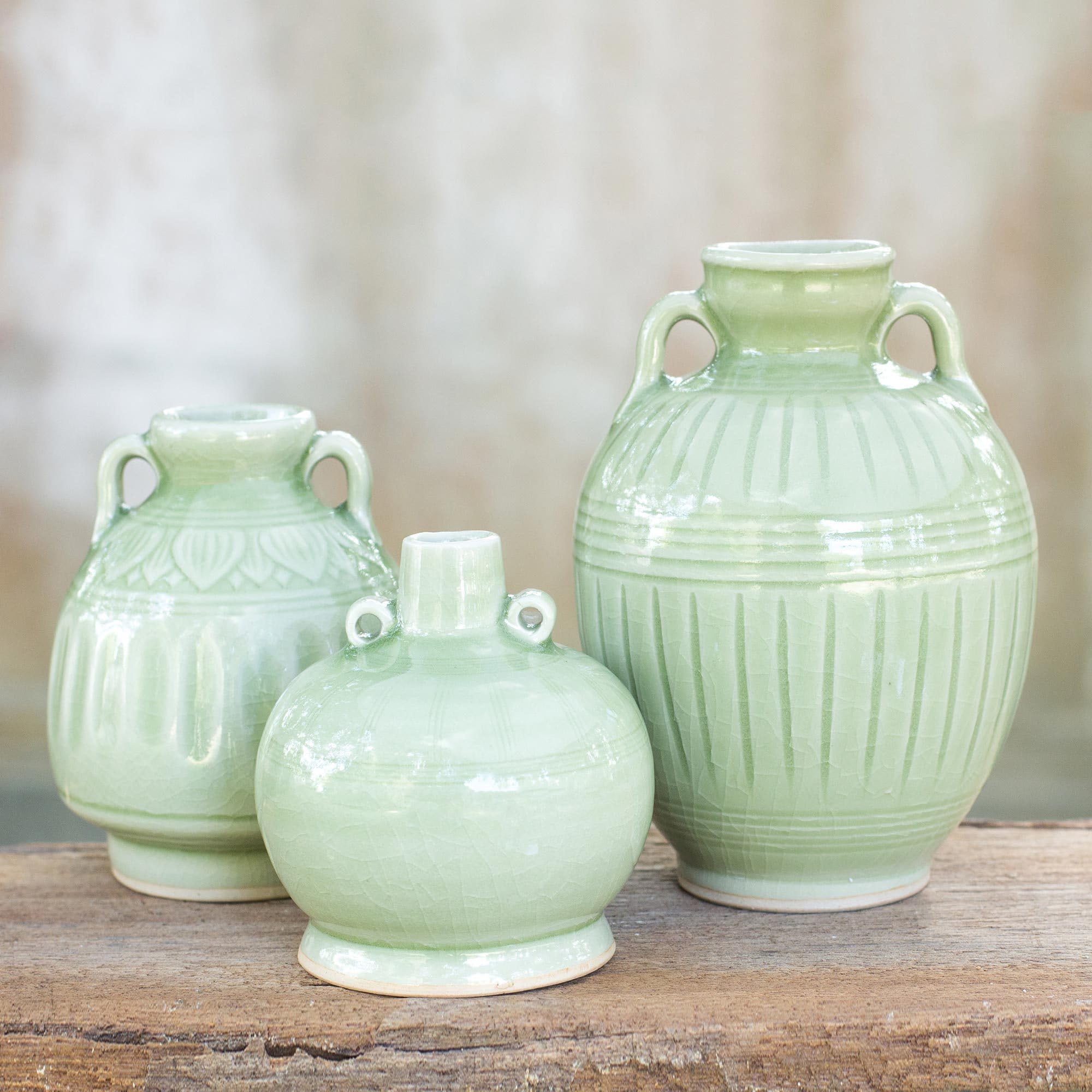 NOVICA Handmade Celadon Ceramic Vase Set of 3 - Green Sawankhalok Meadows Design - Elegant Home Decor for Living Room, Dining Table & Wedding Centerpieces