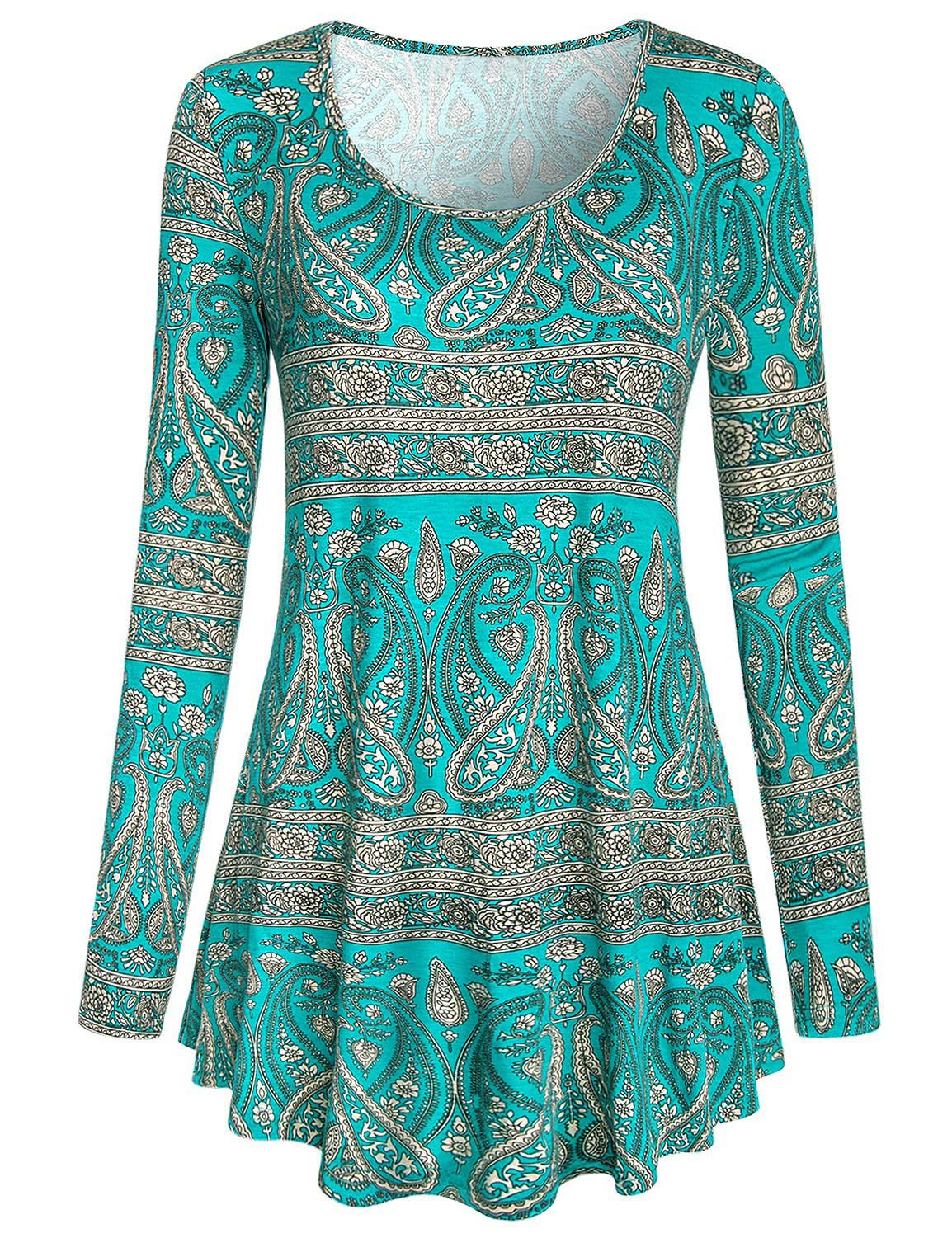 Hibelle Women's Scoop Neck Long Sleeve Casual Printed Flared Tunic Top | Stylish Basic Blouse for Everyday Wear | Perfect for Office, Date Night & Weekend Outfits