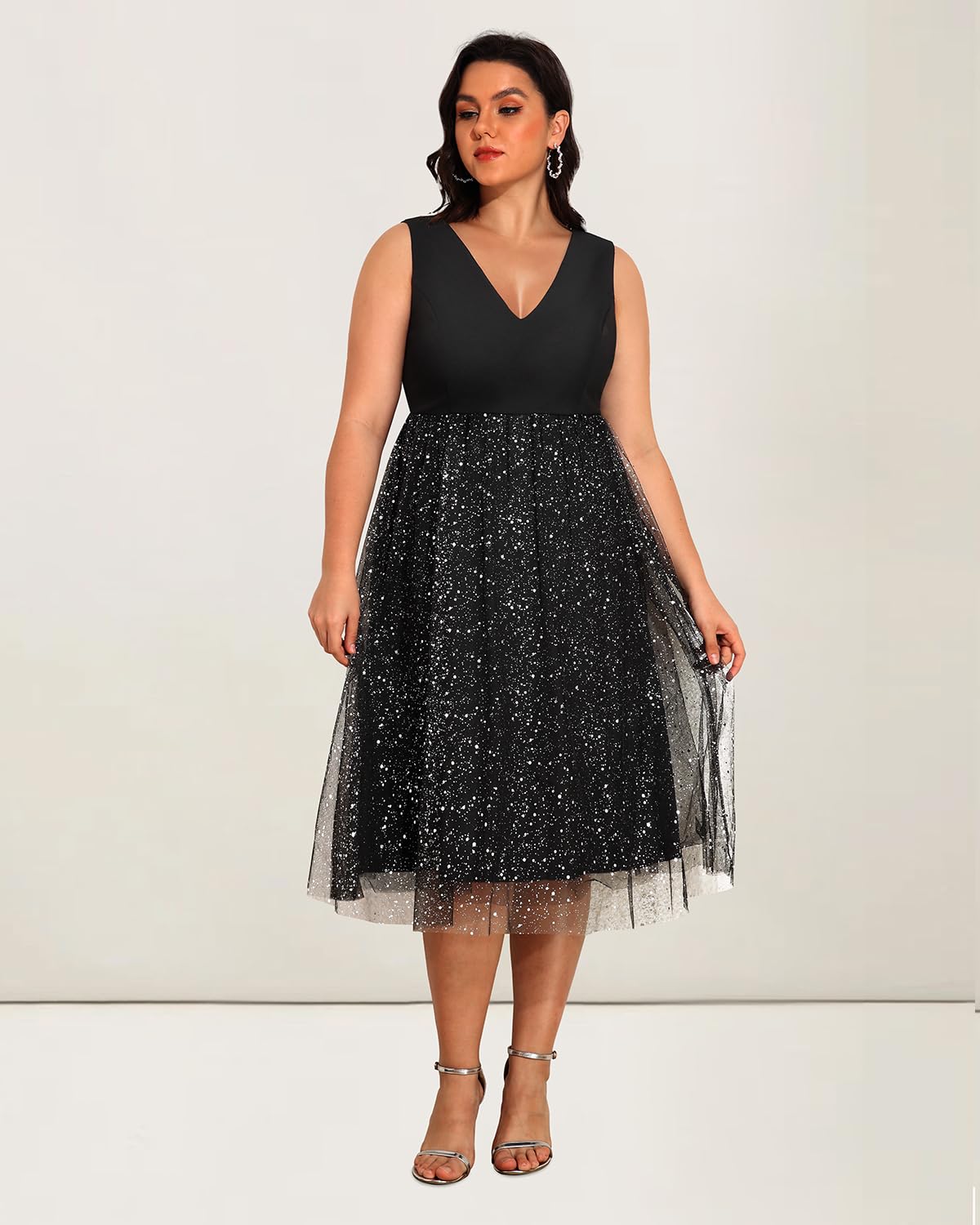 Plus Size V-Neck Sleeveless Evening Dress for Women - Elegant Contrast Mesh Wedding Guest Midi Dress | Perfect for Cocktail Parties, Formal Events & Special Occasions