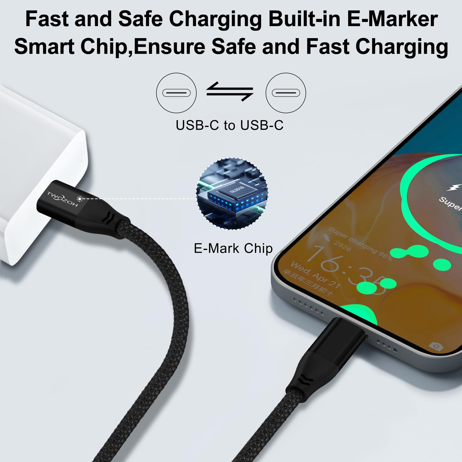 Twozoh USB C to USB C Cable 3.2 Gen 2 (20Gbps, 100W PD Fast Charging, 4K Video) - 4.5M/15ft Braided Nylon Fast Charger Cord for MacBook Pro, iPad Pro, Galaxy S23, Pixel 7 & More - Home, Office, Travel Charging Solution