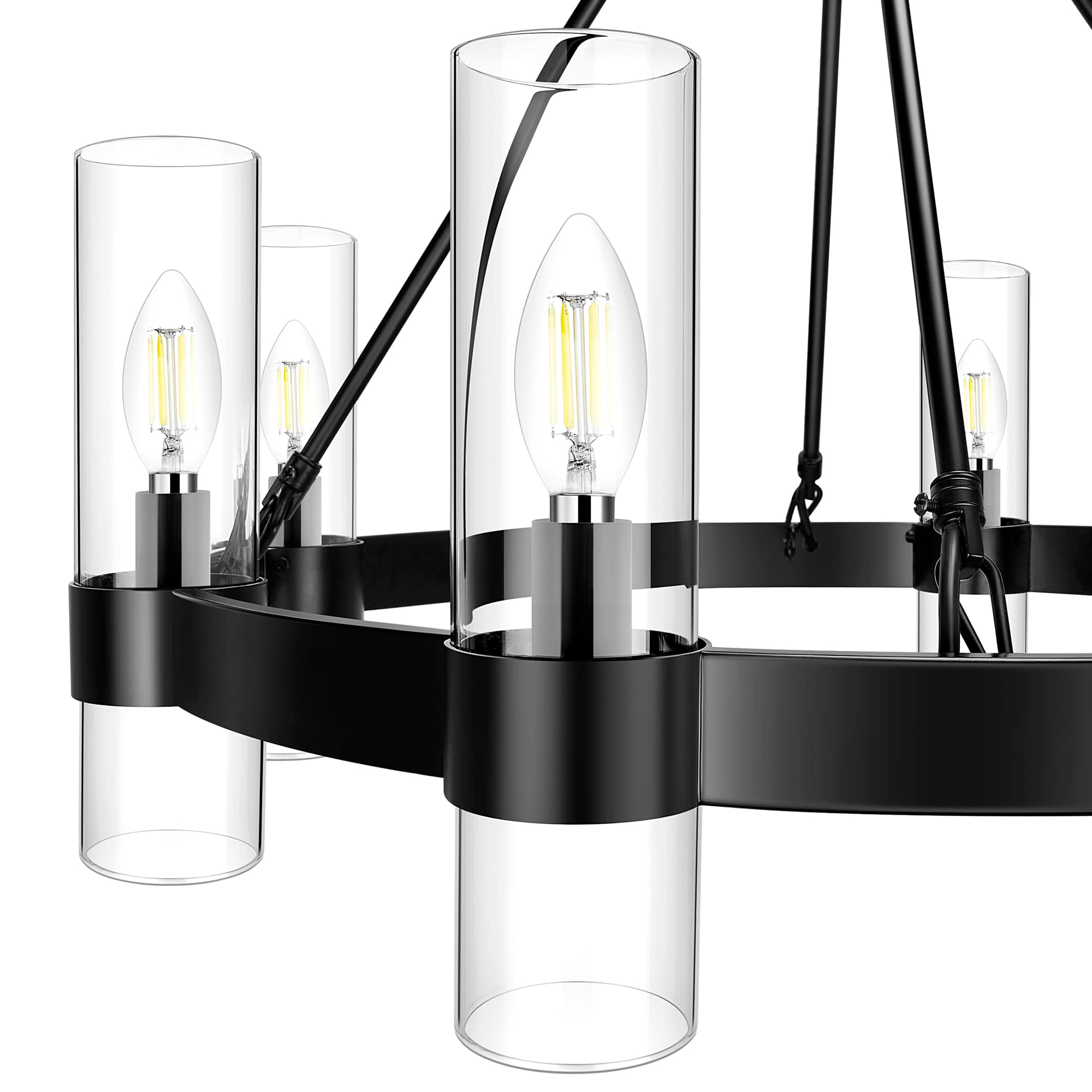 8-Light Black Wagon Wheel Chandelier - Modern Farmhouse Glass Pendant Light with Industrial Style - Round Hanging Lighting Fixture for Living Room, Dining Room, Kitchen Island, Entryway, Foyer - Perfect for Rustic Home Decor and Open Ceiling Spaces