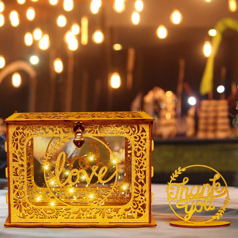 OurWarm Glitter Wooden Wedding Card Box with Heart Lock & String Lights - Elegant Gift & Money Holder for Wedding, Birthday, Anniversary, Graduation - Perfect for Reception Decor & Romantic Celebrations