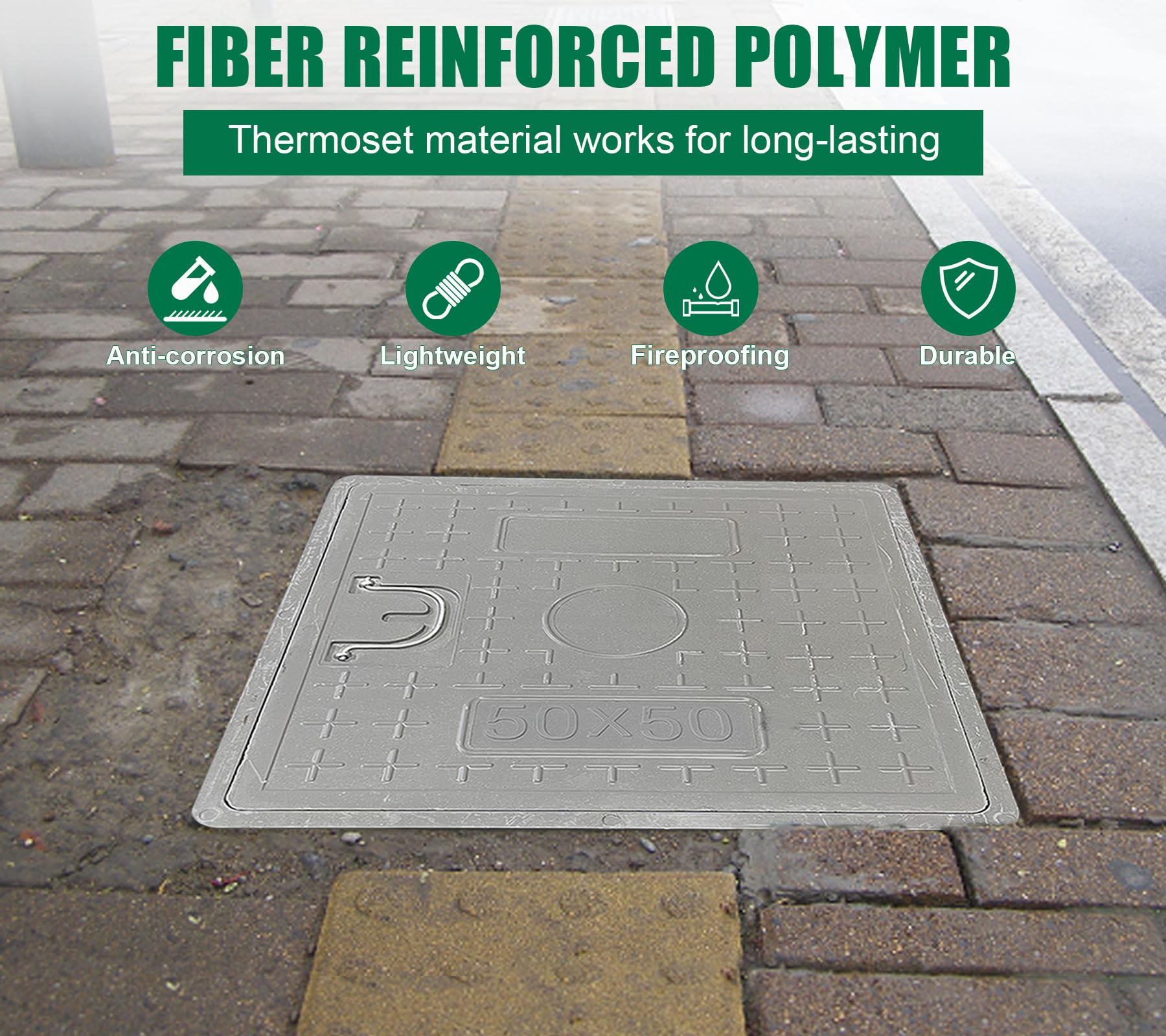 16x16 Inch Square Fiberglass Sewer Cover with Steel Reinforcement - 14x14in Clear Opening, Non-Slip Flat Manhole Lid with Handle - Durable 20x20in Sewage Basin Cover for Storm Drains, Parking Lots & Utility Access