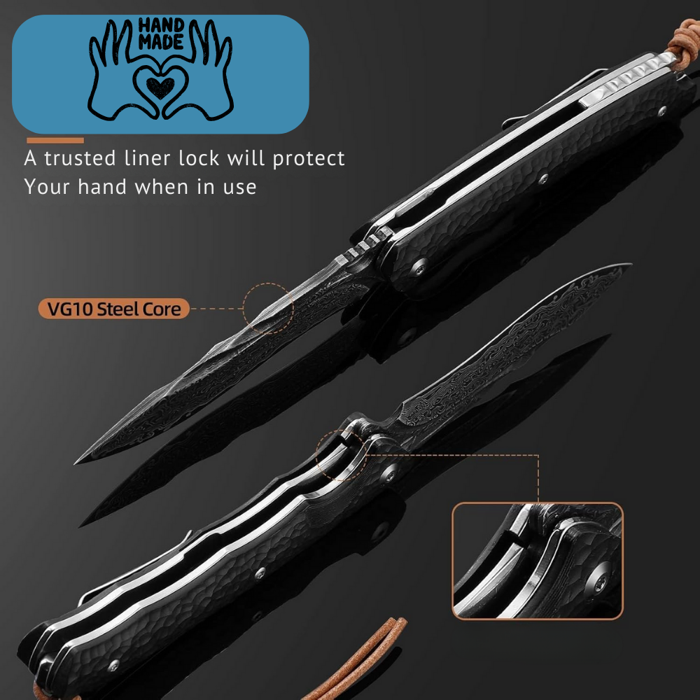 Premium Handmade Stainless Damascus Folding Pocket Knife - Ebony Wood Handle with Clip | EDC, Camping, Hunting & Outdoor Survival Gear