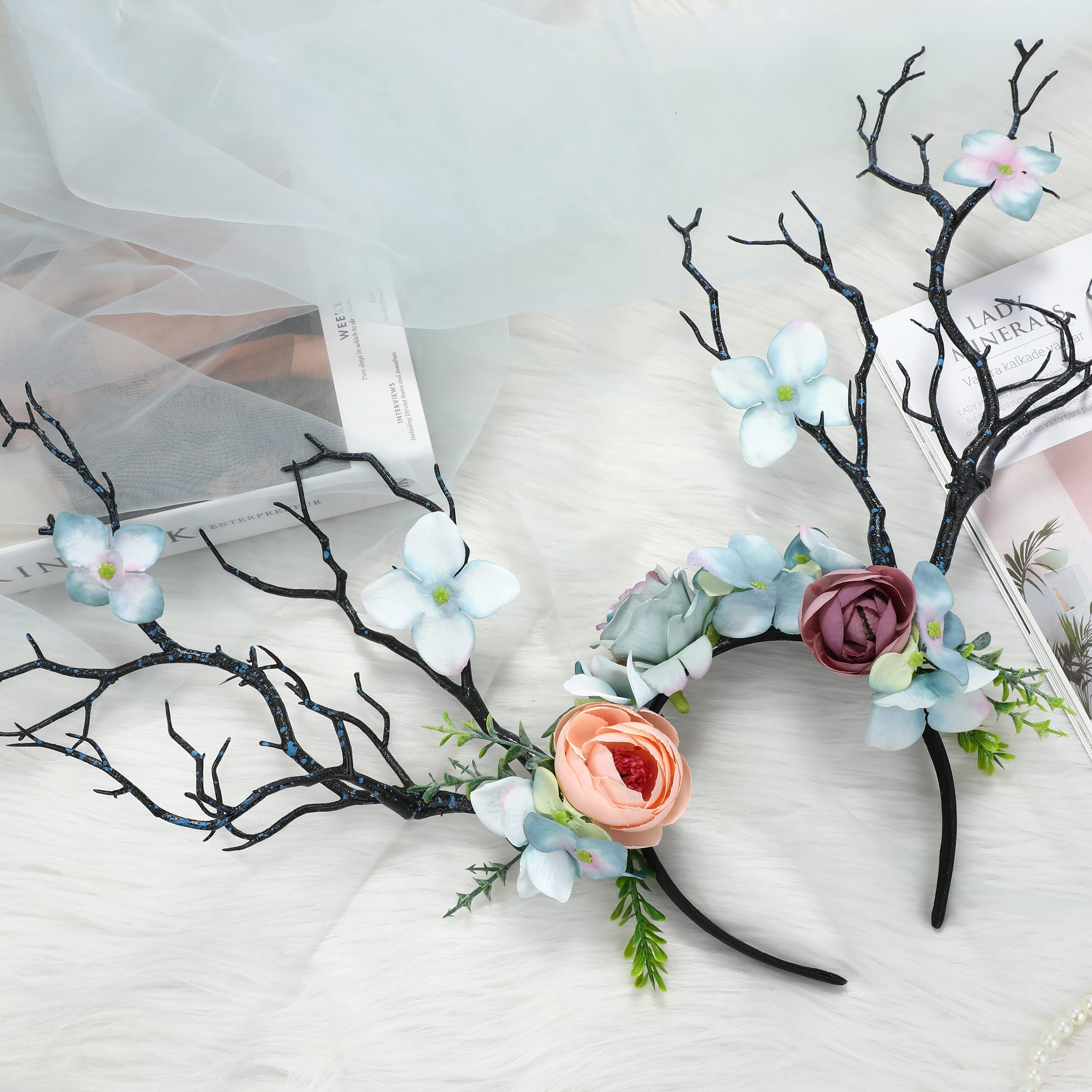 Woodland Antler Crown with Elf Ears & Flower Tiara - Renaissance Fairy Costume Headpiece for Halloween, Cosplay, LARP, Renfaire | Forest Elf Accessories for Fantasy Parties & Photoshoots