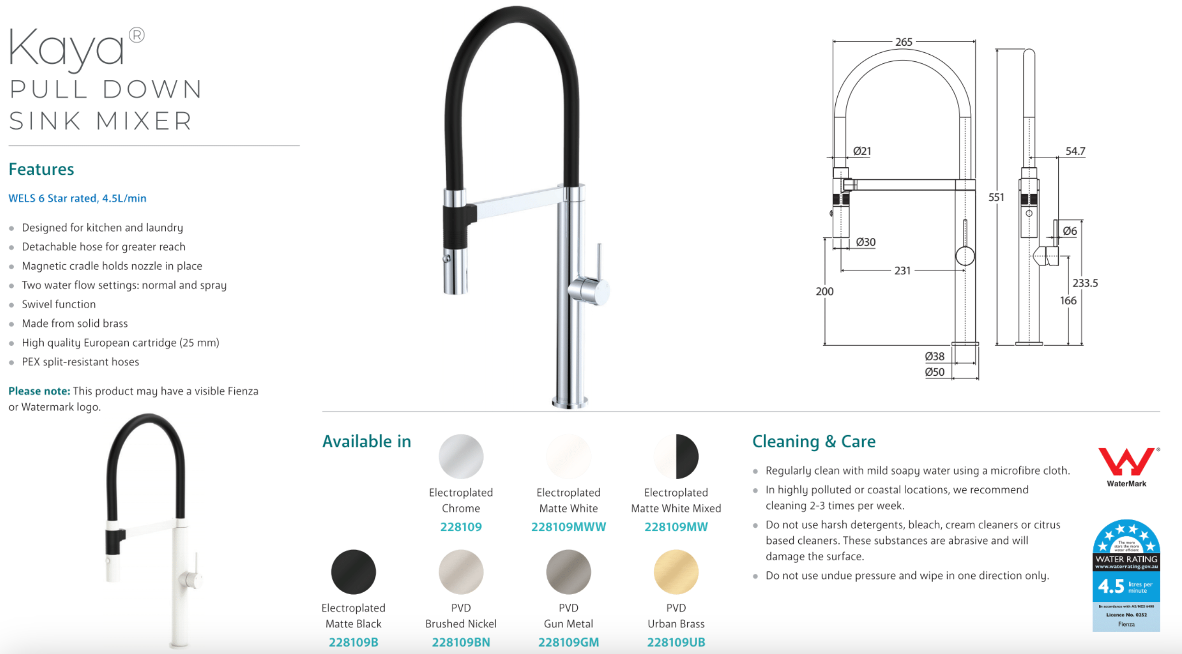 Fienza 228108MW Kaya Pull-Out Kitchen Sink Faucet in Matte White - Modern Single Handle Waterfall Sprayer for Home, Restaurant & Commercial Use