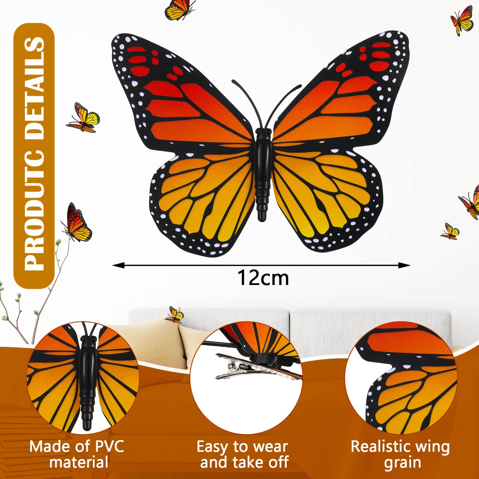 24-Piece Monarch Butterfly Hair Clips - Orange 3D Butterfly Barrettes for Women & Girls | Kawaii Hair Accessories for Halloween, Day of the Dead Party, Cosplay & Everyday Wear
