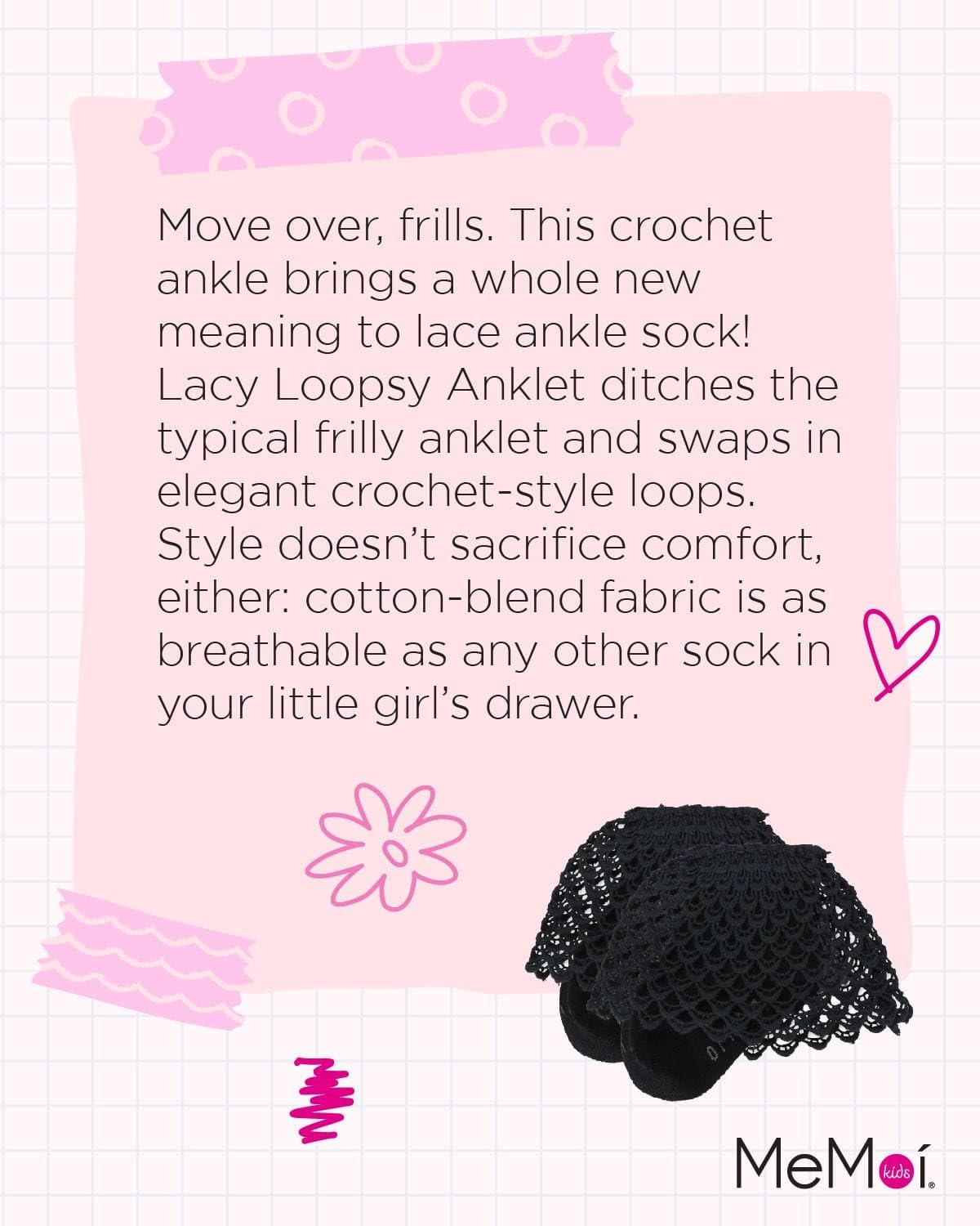 MeMoi Girls' Lacy Loopsy Cotton Blend Anklet Socks - Cute & Comfortable Socks for School, Dance, or Everyday Wear