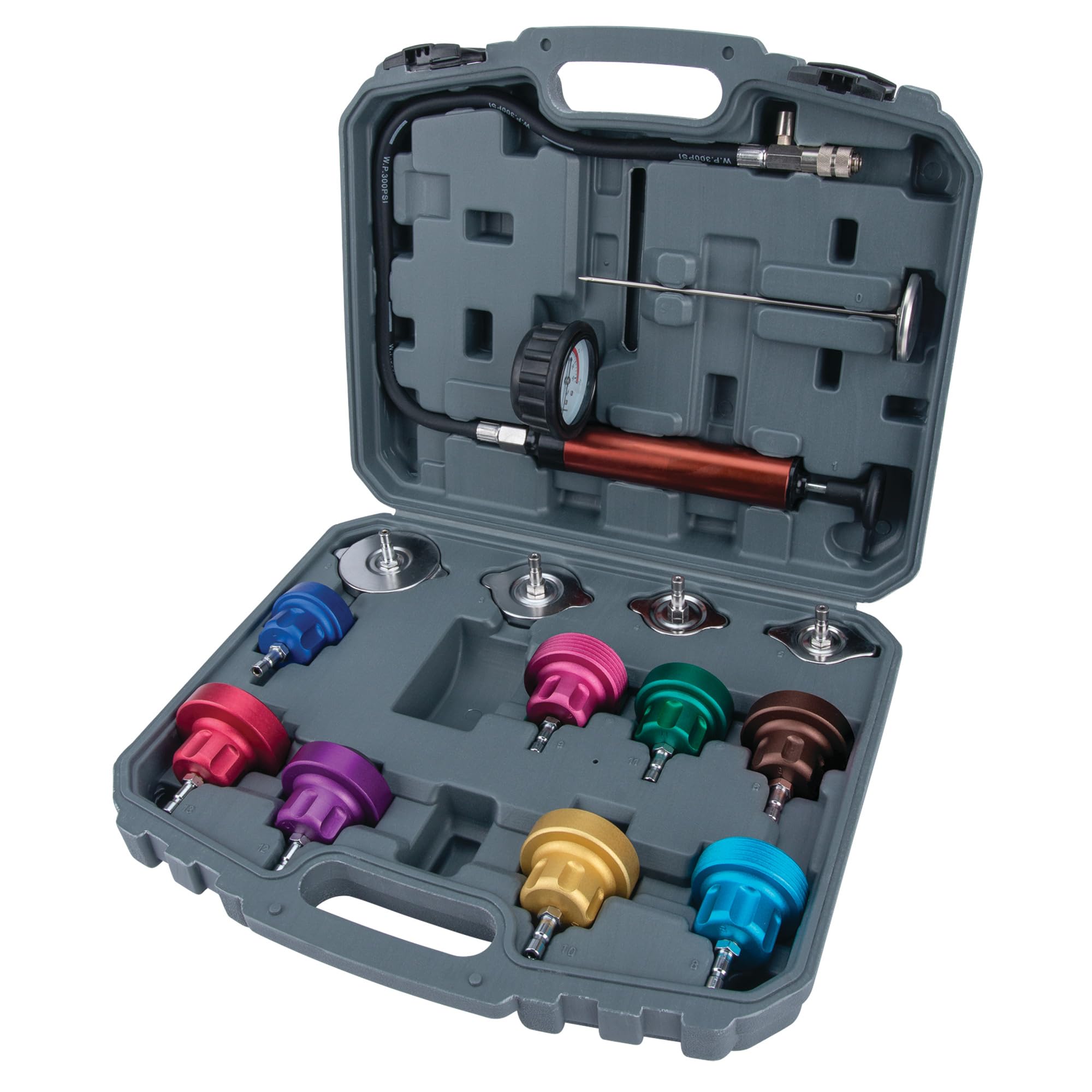 Performance Tool JEGS W89733 Cooling System Pressure Tester Kit - Professional Automotive Diagnostic Tool for Radiator, Water Pump & Hose Leak Detection - Perfect for Mechanics & DIY Car Maintenance