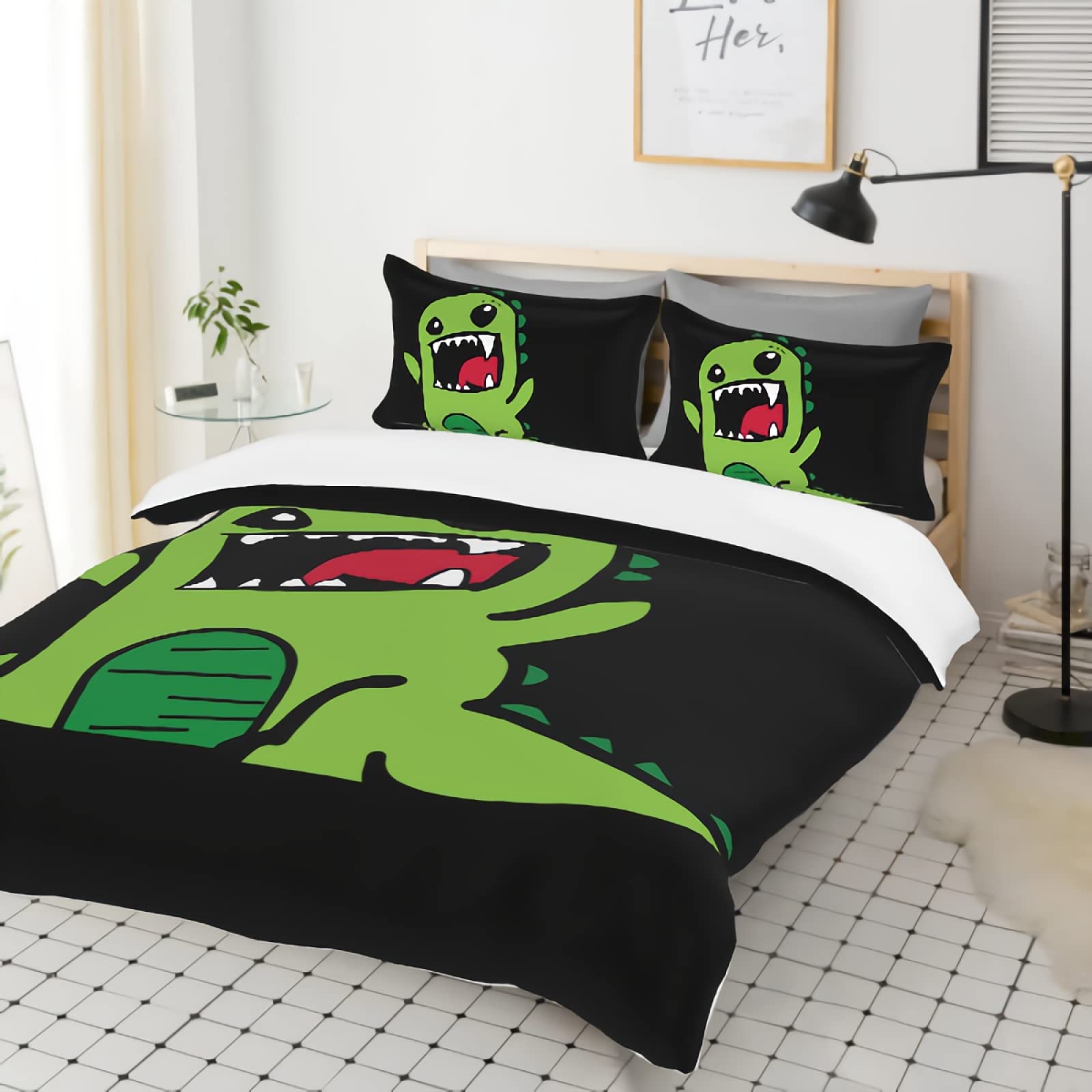 GREDBH King Size Dinosaur Duvet Cover Set - 3 Piece Cartoon Dino Bedding with 2 Pillowcases, 100% Soft Microfiber, Green Dinosaur Print (Comforter Not Included) | Perfect for Kids' Room, Dinosaur Themed Bedroom & Jurassic Decor