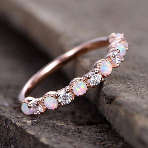 Vintage Half Eternity Opal and Cubic Zirconia Wedding Band Ring - 14k Rose Gold for Women - Perfect for Bridal Jewelry, Anniversary Gifts & Special Occasions