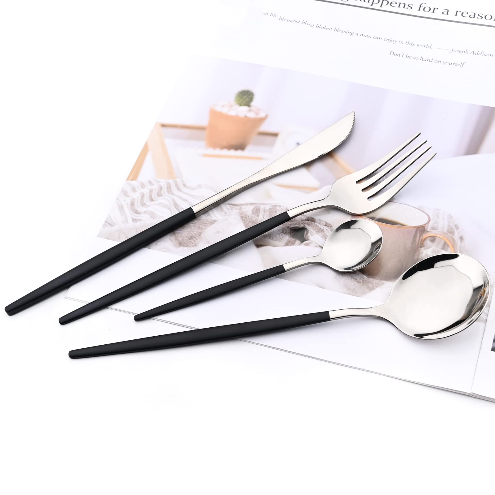 24-Piece Mirror Cutlery Serving Set - 18/0 Stainless Steel Silverware with Black Handle - Modern Tableware for Home, Party, Restaurant & Christmas Dinner - Service for 6 (Black Silver) - Perfect for Holiday Gatherings, Wedding Receptions & Fine Dining