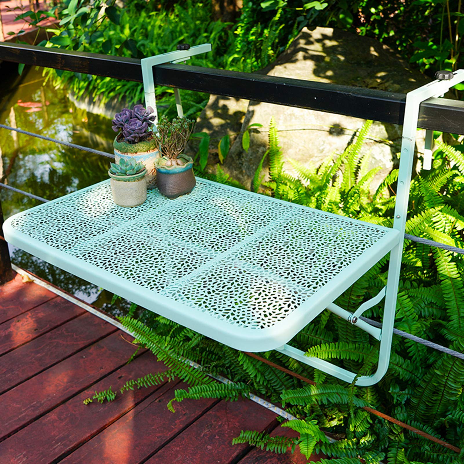Adjustable Hanging Balcony Dining Table - 60x40cm Foldable Metal Attachable Side Table with 3 Height Levels, 5 Color Options (Green) - Perfect for Outdoor Patio, Garden Railing, Apartment Balcony & Small Space Decor