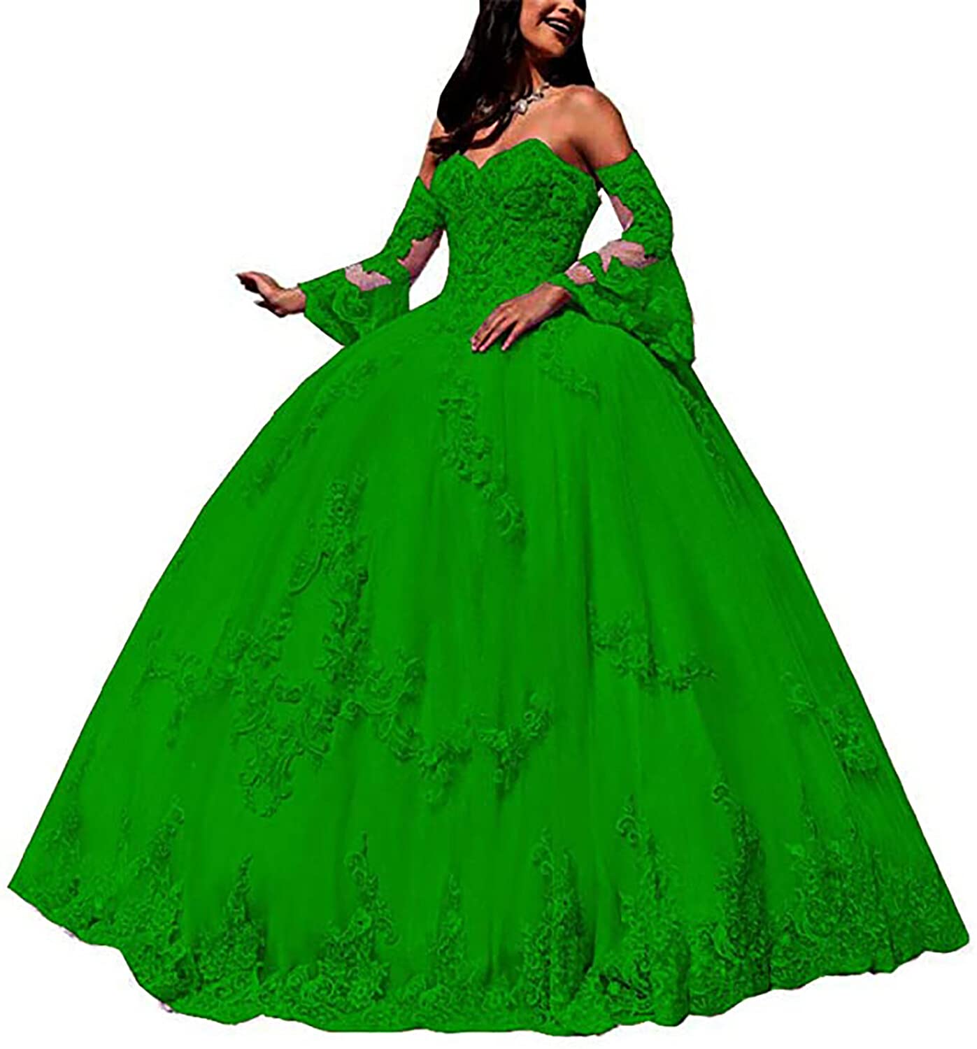 Elegant Ball Gown Lace Quinceanera Dresses for Women - Sweetheart Neckline Long Sleeves Prom Dress with Appliqued Beaded Details - Perfect for Quinceañeras, Proms, Weddings & Formal Parties