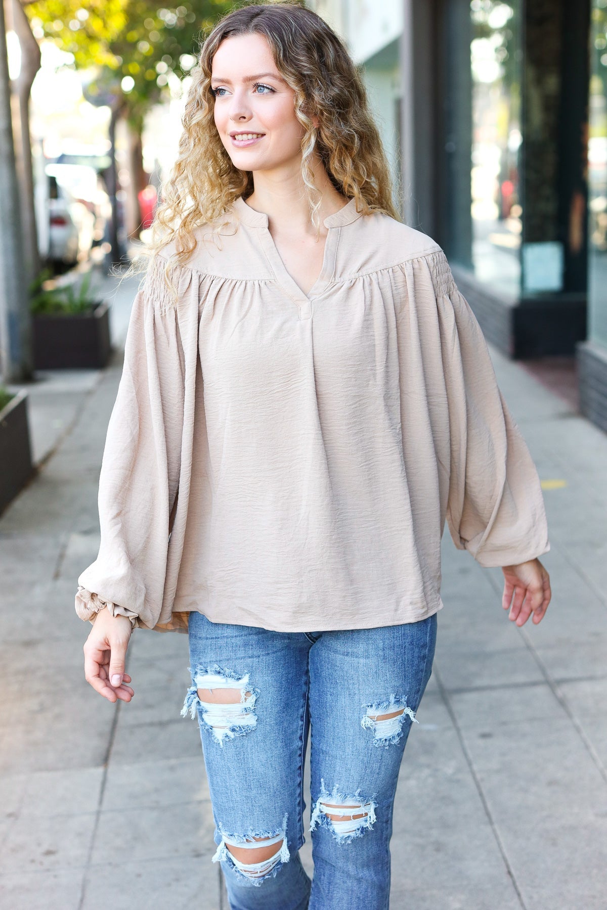 Boho Chic Taupe Smocked Bubble Sleeve Blouse with Notched Neckline - Perfect for Summer Festivals & Beach Vacations