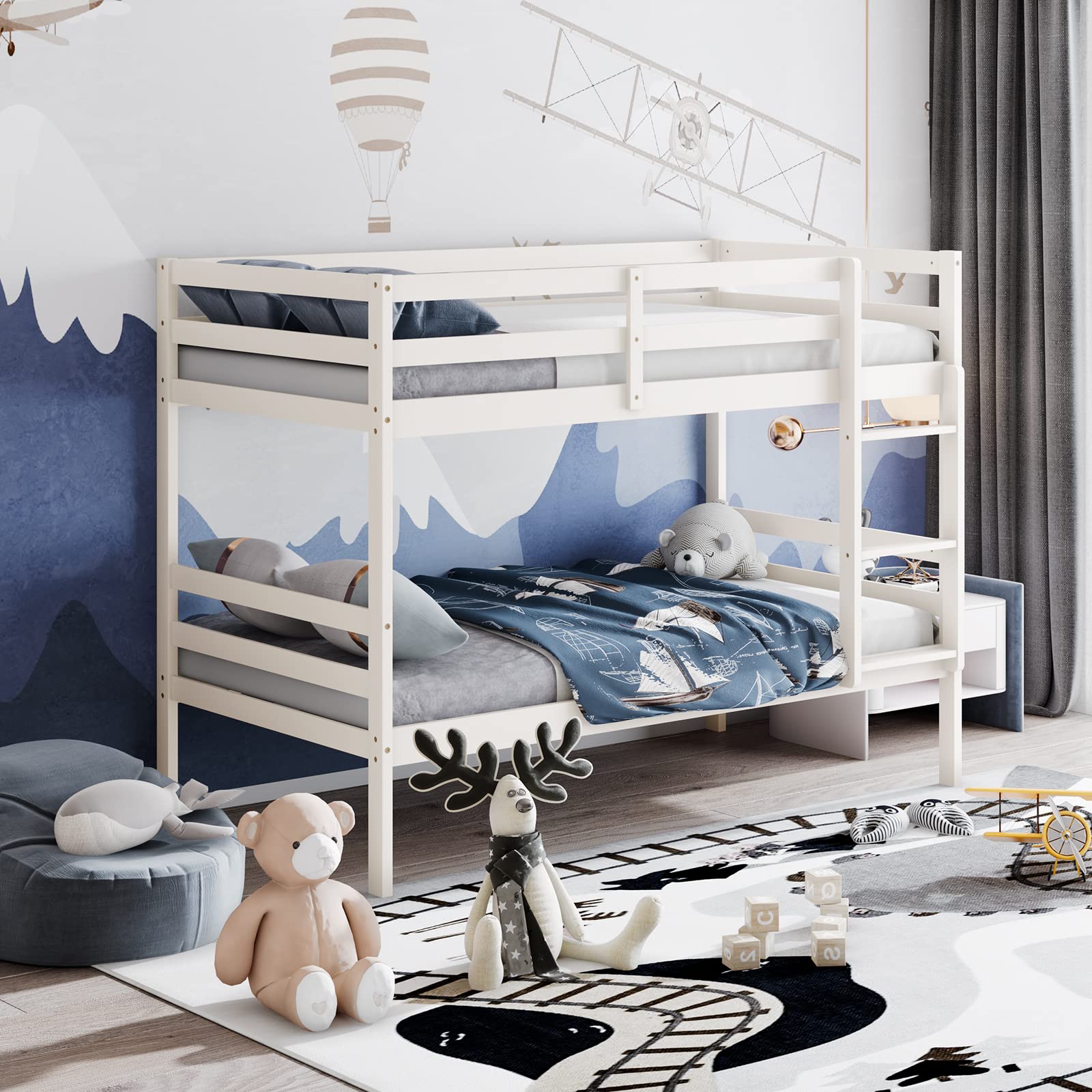 KOMFOTT Solid Wood Twin Over Twin Bunk Bed with Ladder & Safety Guardrail - Sturdy Kids Bed Frame for Dormitories, Shared Rooms & Multi-Child Families - No Box Spring Needed - Perfect for Sleepovers, Space-Saving Kids Bedrooms & Vacation Homes