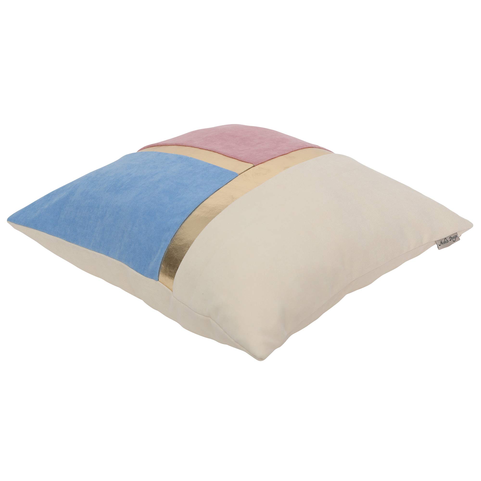 Luxury Faux Leather & Velvet Decorative Pillow Covers 18x18 Inch - Modern Striped Patchwork Cushion Covers in Ecru White, Baby Blue & Pink - Perfect for Sofa, Bedroom & Living Room Decor