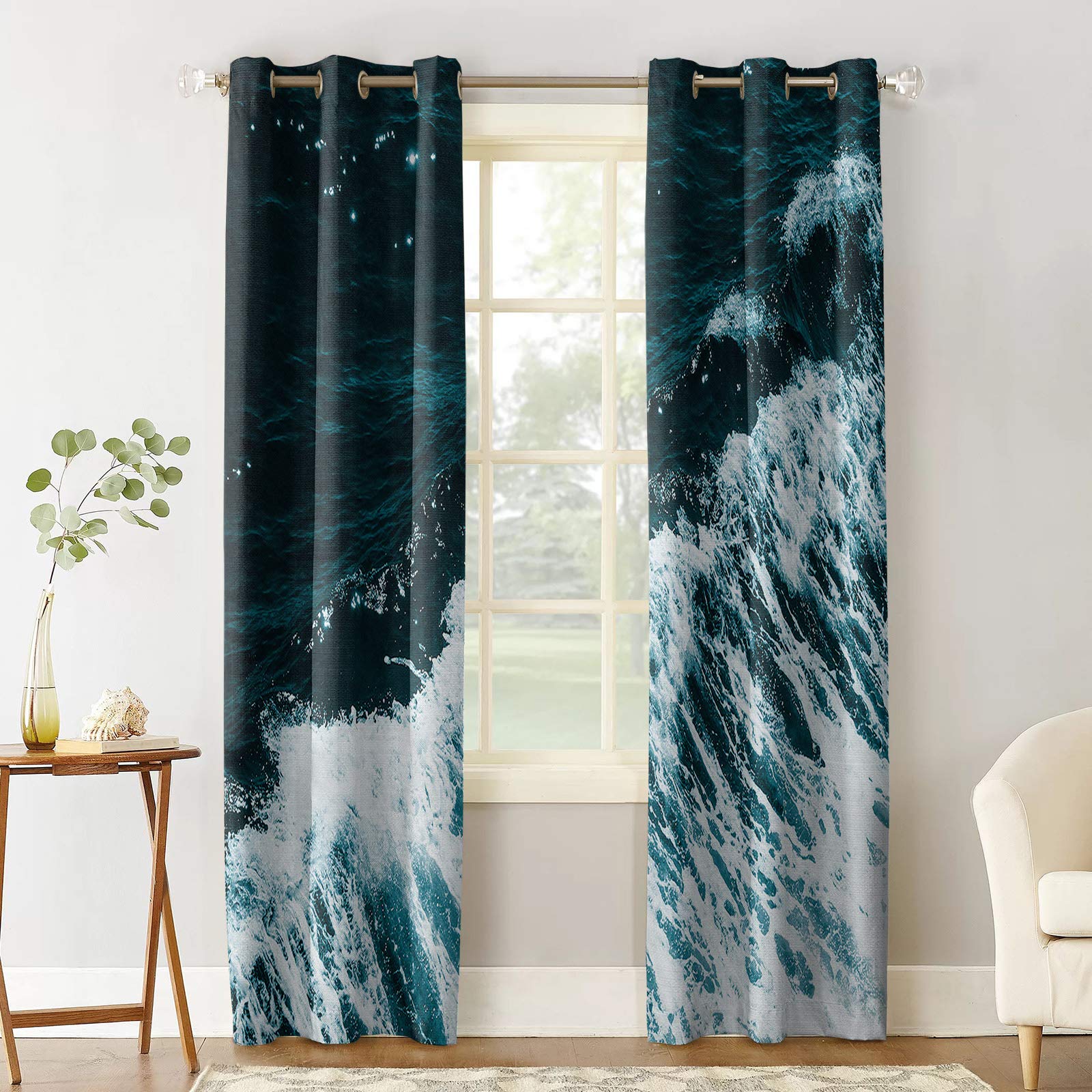 Thermal Insulated Room Darkening Curtains Set of 2 - Ocean Wave Blue Print Blackout Drapes 52x96 Inch for Bedroom & Bathroom | Energy Saving Window Treatment for Summer & Winter