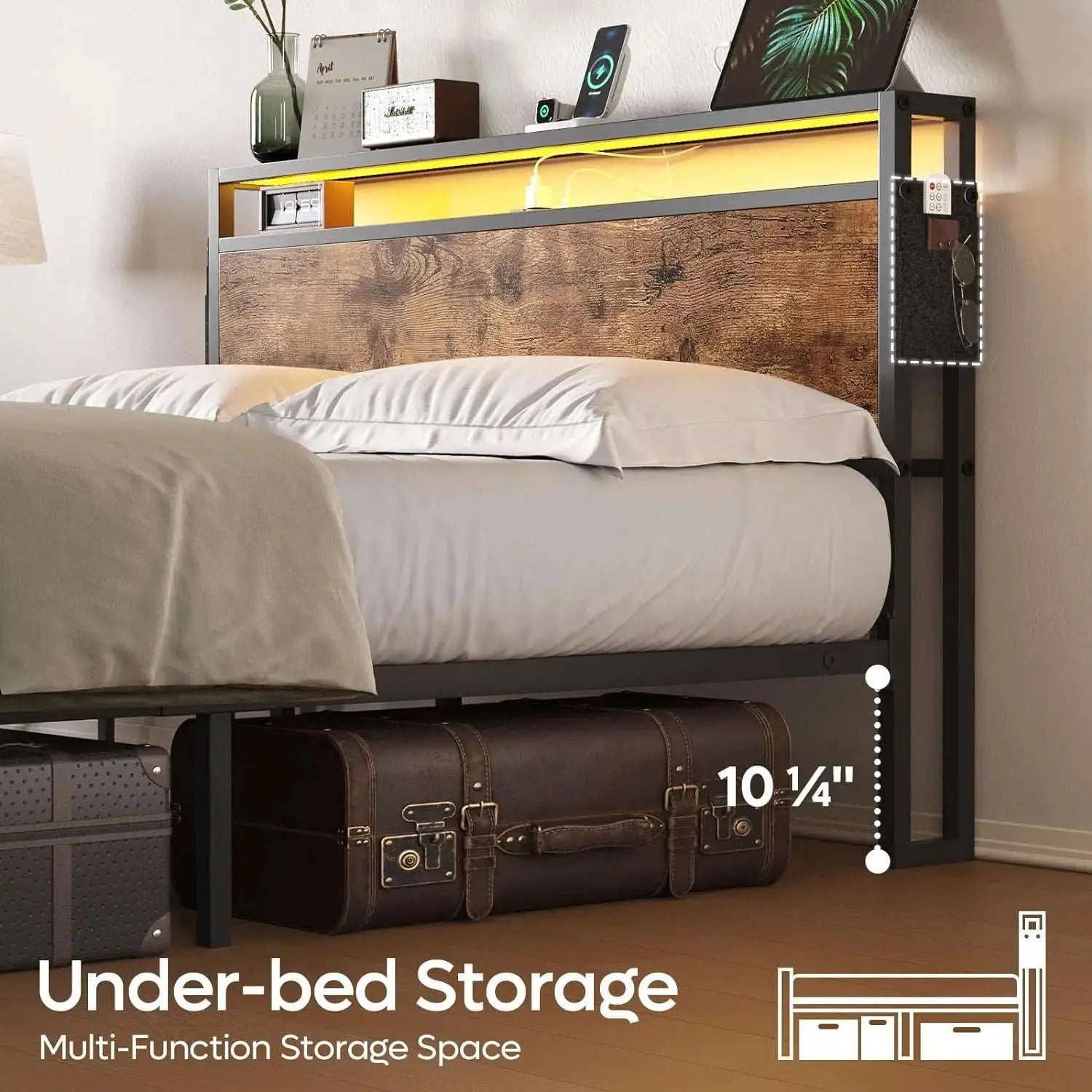 Bestier Queen Size LED Bed Frame with Headboard and Storage - Modern Platform Bed with USB Ports & Underbed Storage - Perfect for Bedroom, Dorm, Apartment & Small Spaces