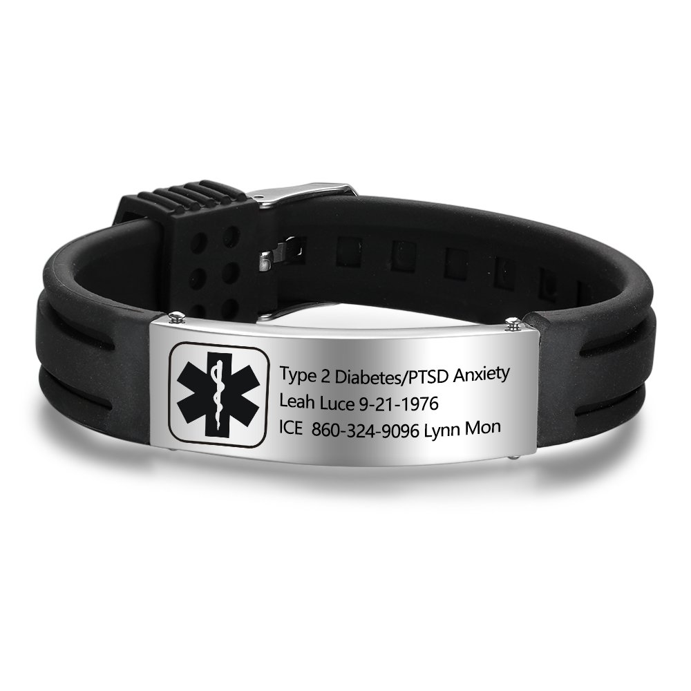 Jewelstruck 9 Inch Adjustable Silicone Medical Alert Bracelet for Women & Men - Free Engraving, Sport Emergency ID Bracelet - Perfect for Allergies, Diabetes & Emergency Medical Identification