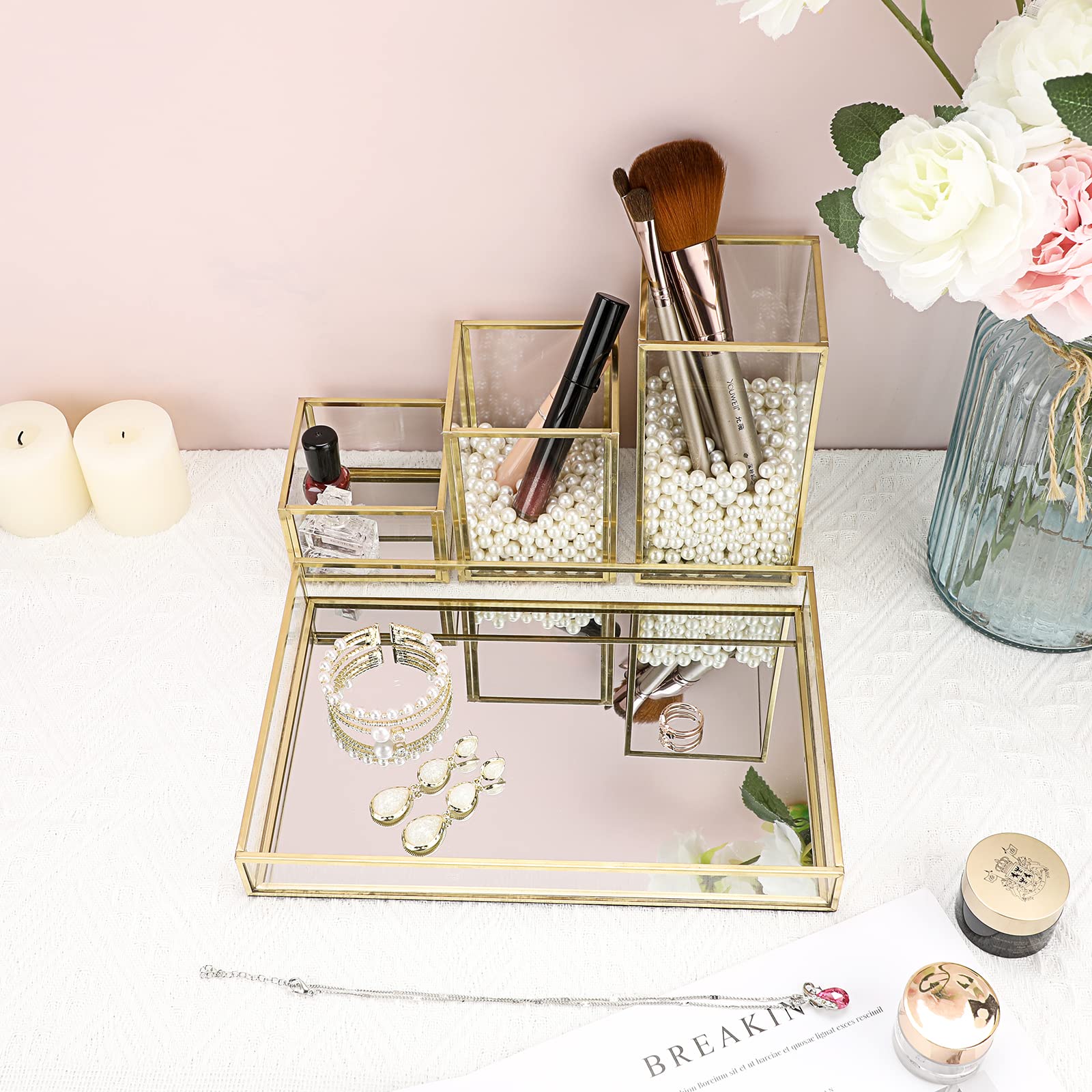 Tolida Gold Glass Cosmetic Organizer Set - Stackable Makeup Brush Holder, Jewelry Tray & Vanity Mirror Tray | Perfect for Dresser, Bathroom & Bedroom Organization | Elegant Storage Solution for Makeup Brushes, Eyeliners, Pens & Accessories
