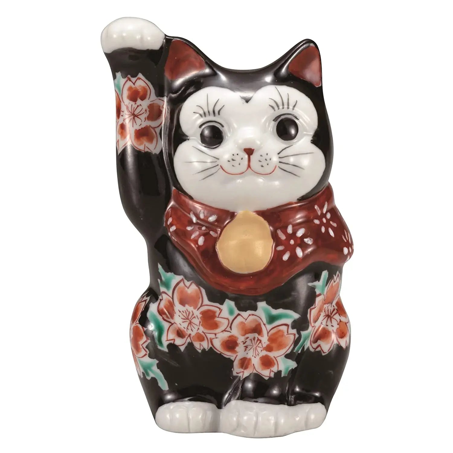 Authentic Kutani Ware Porcelain Maneki Neko Figurine - Sakura Black 4-Inch Lucky Cat Statue for Home Decor & Japanese Culture Enthusiasts | Perfect for Office Desk, Gift Giving & Feng Shui