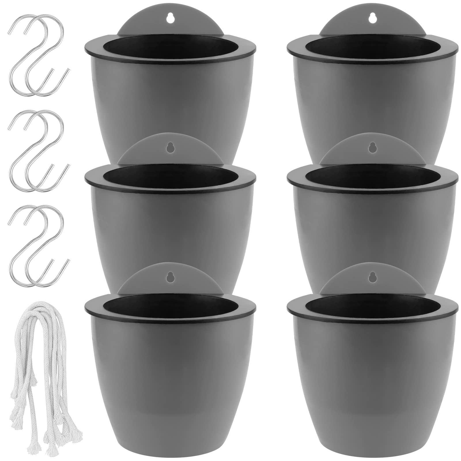 HOIGON 6 Pack 7 Inch Self Watering Hanging Planters - Plastic Wall Hanging Flower Pots with S-Hooks & Wicks - Low Maintenance Indoor Outdoor Plant Pots for Orchids, African Violets - Perfect for Balcony, Patio, Garden Decor (Gray)