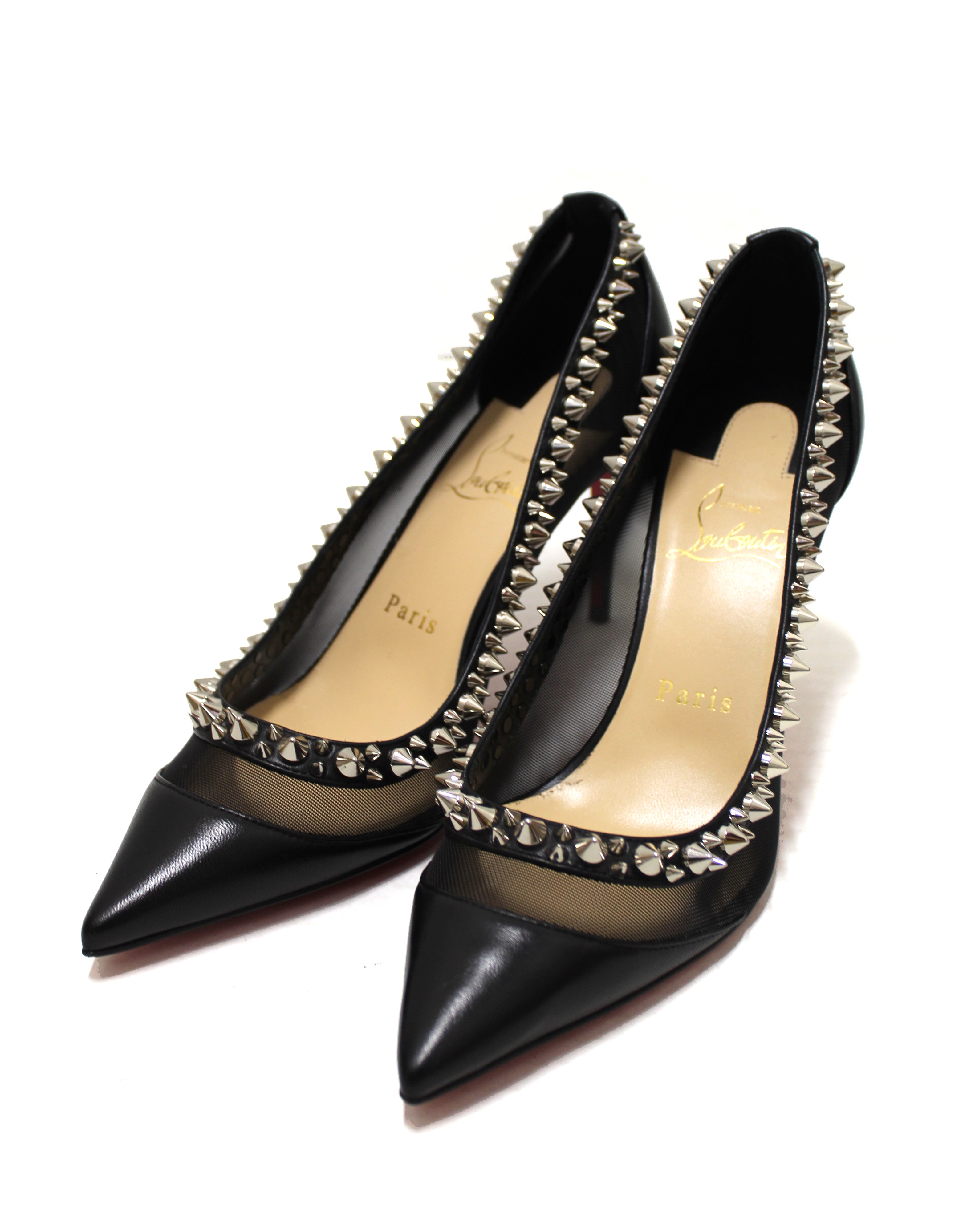 Authentic Christian Louboutin Black Galativi Spiked Pointed Toe Stiletto Heels Women's Size 37 - Perfect for Evening Parties, Red Carpet Events & Luxury Fashion
