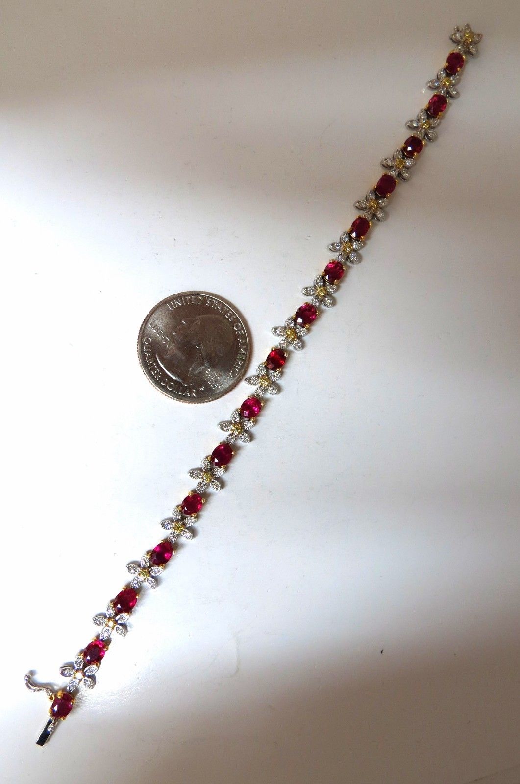7.28ct Natural Red Ruby & Diamond Flower Cluster Tennis Bracelet in 18K Gold - Perfect for Weddings, Anniversaries & Special Occasions