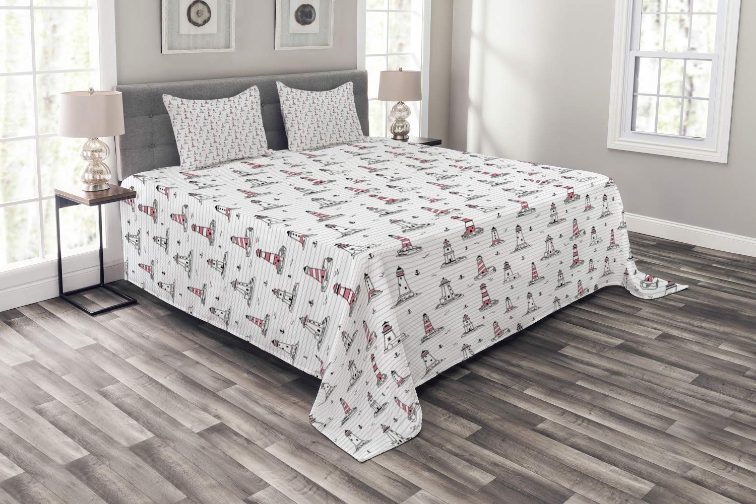 Ambesonne Lighthouse Bedspread Set - Nautical Themed Notebook Pattern with Seagulls & Anchors Doodle Design, 3-Piece King Size Bedding Set (Coverlet + 2 Pillow Shams) in Pink Lilac Black | Coastal Home Decor for Beach House, Guest Room & Nautical Nursery